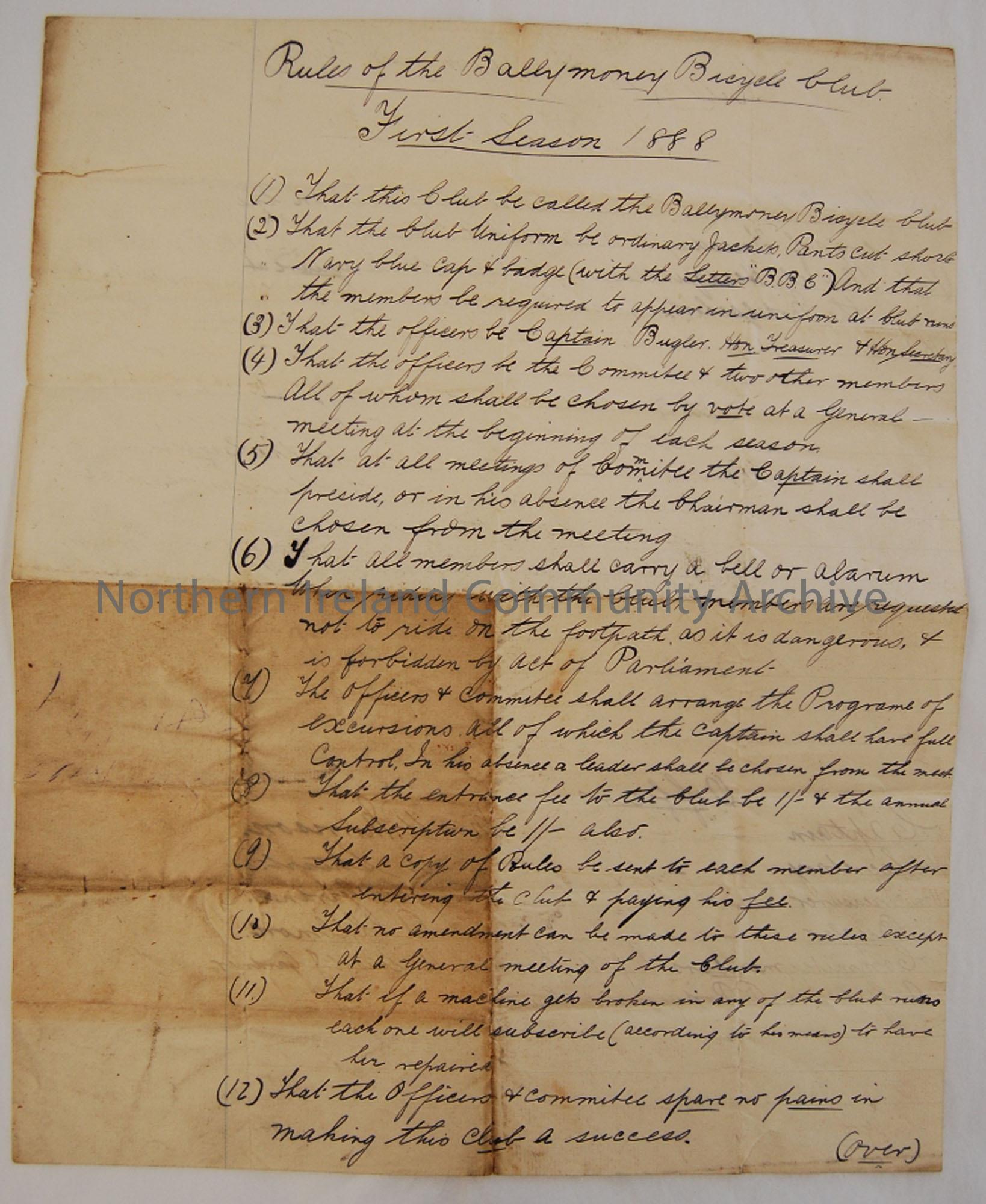 Handwritten transcript of ‘Rules of the Ballymoney Bicycle Club, First Season 1888’
