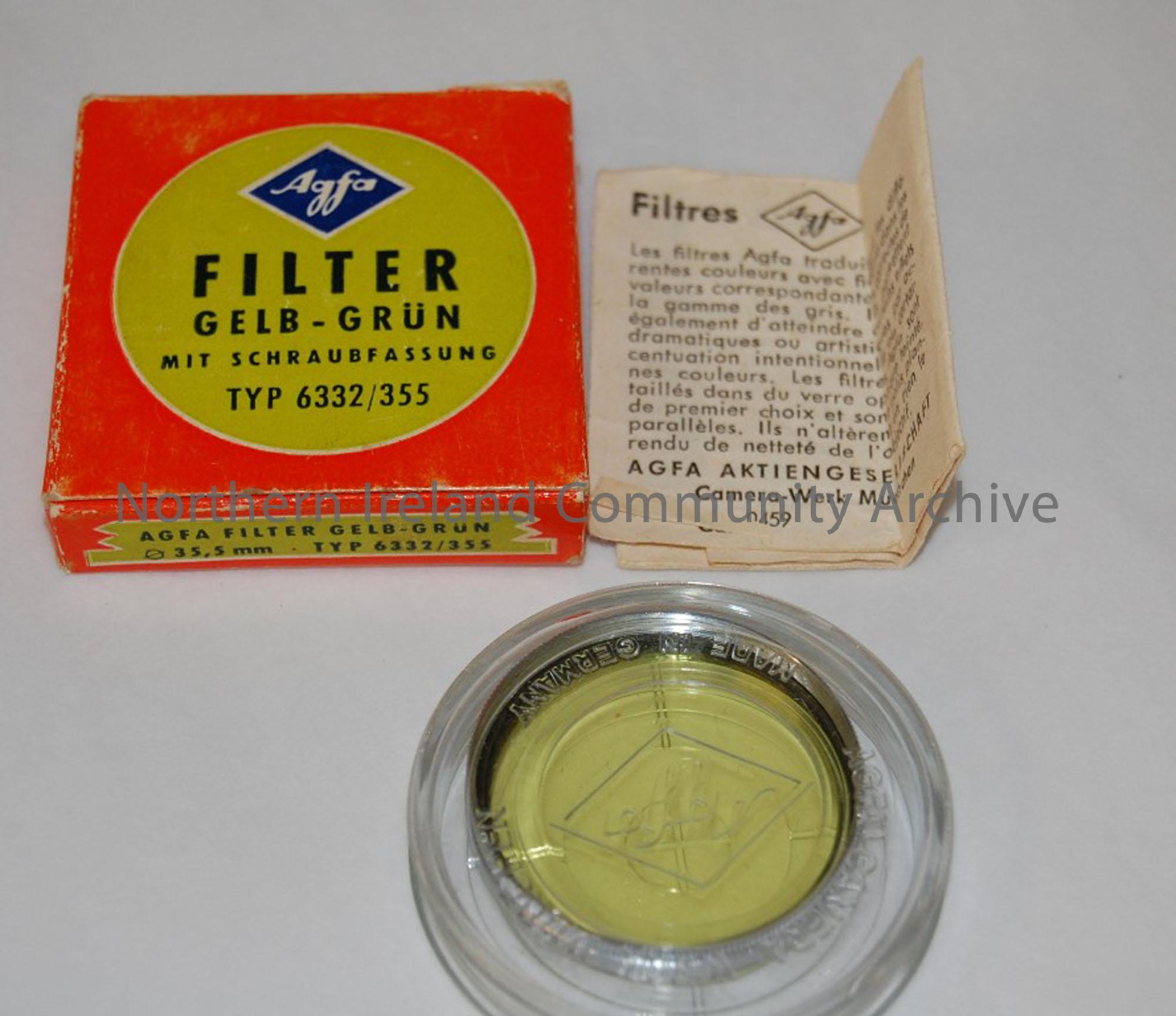 Three filters. Clear, yellow-green, light yellow. Instructions included with yellow-green and light green.