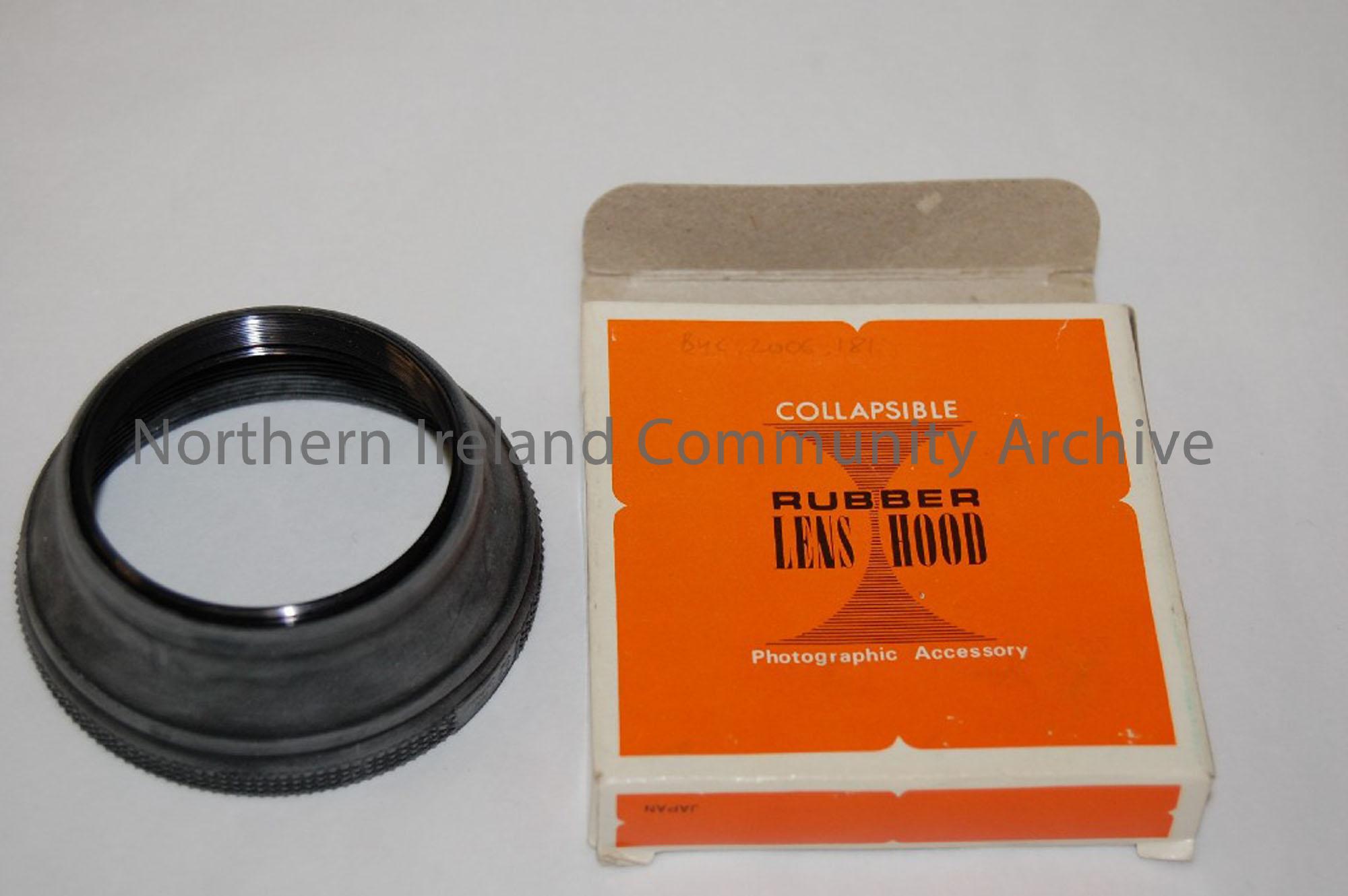 Collapsible rubber Lens hood for cine camera in orange box