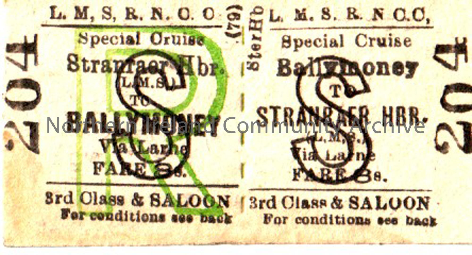 1930’s 3rd class railway ticket from Ballymoney to Stranraer
