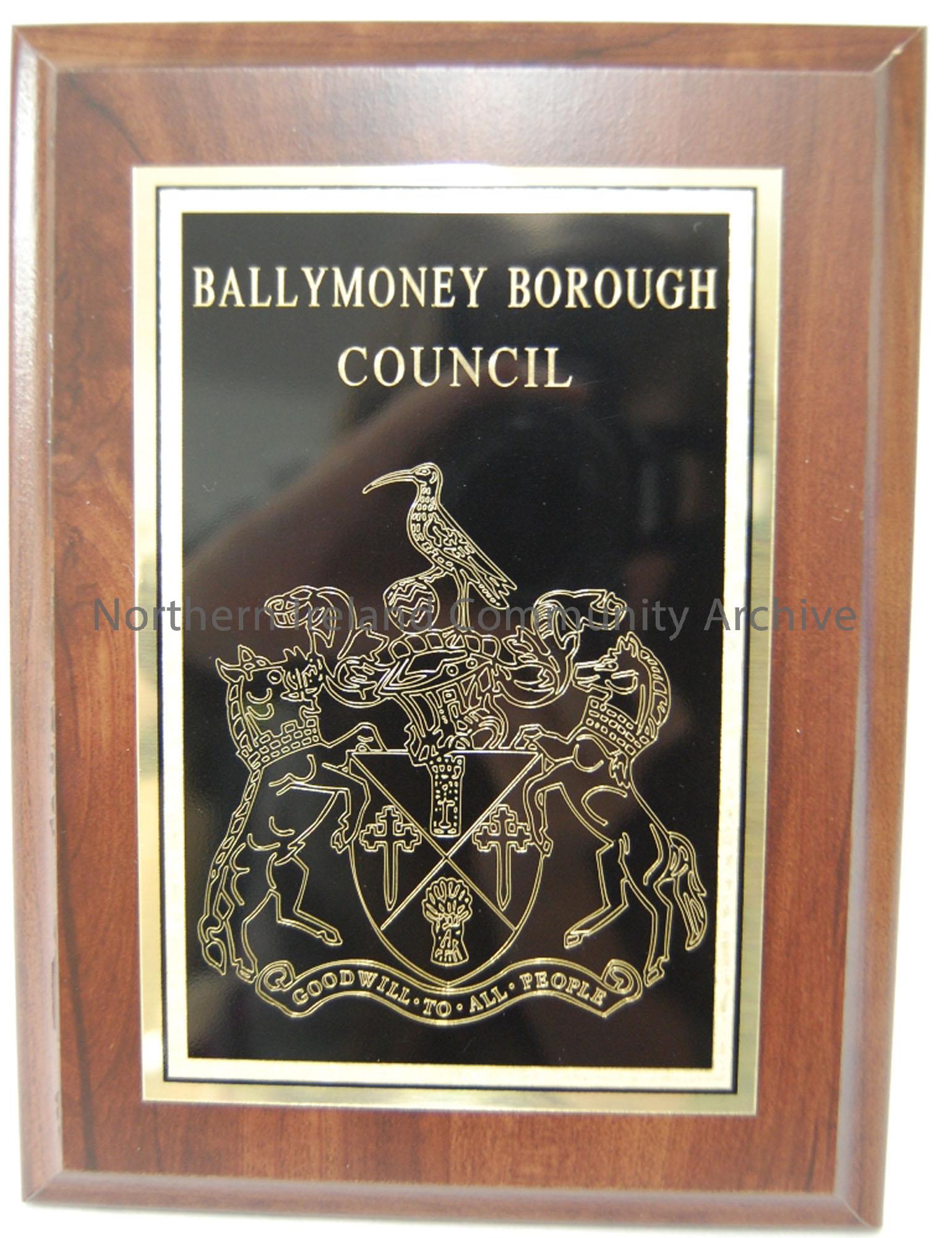 plaque associated with the official opening of the refurbished and extended Town Hall, Thursday 23rd February 2006. Black enamelwith gold writing and …