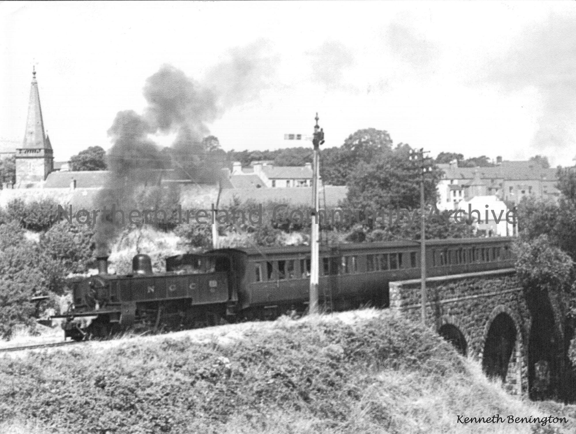 SI class 2-4-2T No.44, in NCC livery, crosses the Tow river shortly after leaving Ballycastle for Ballymoney.