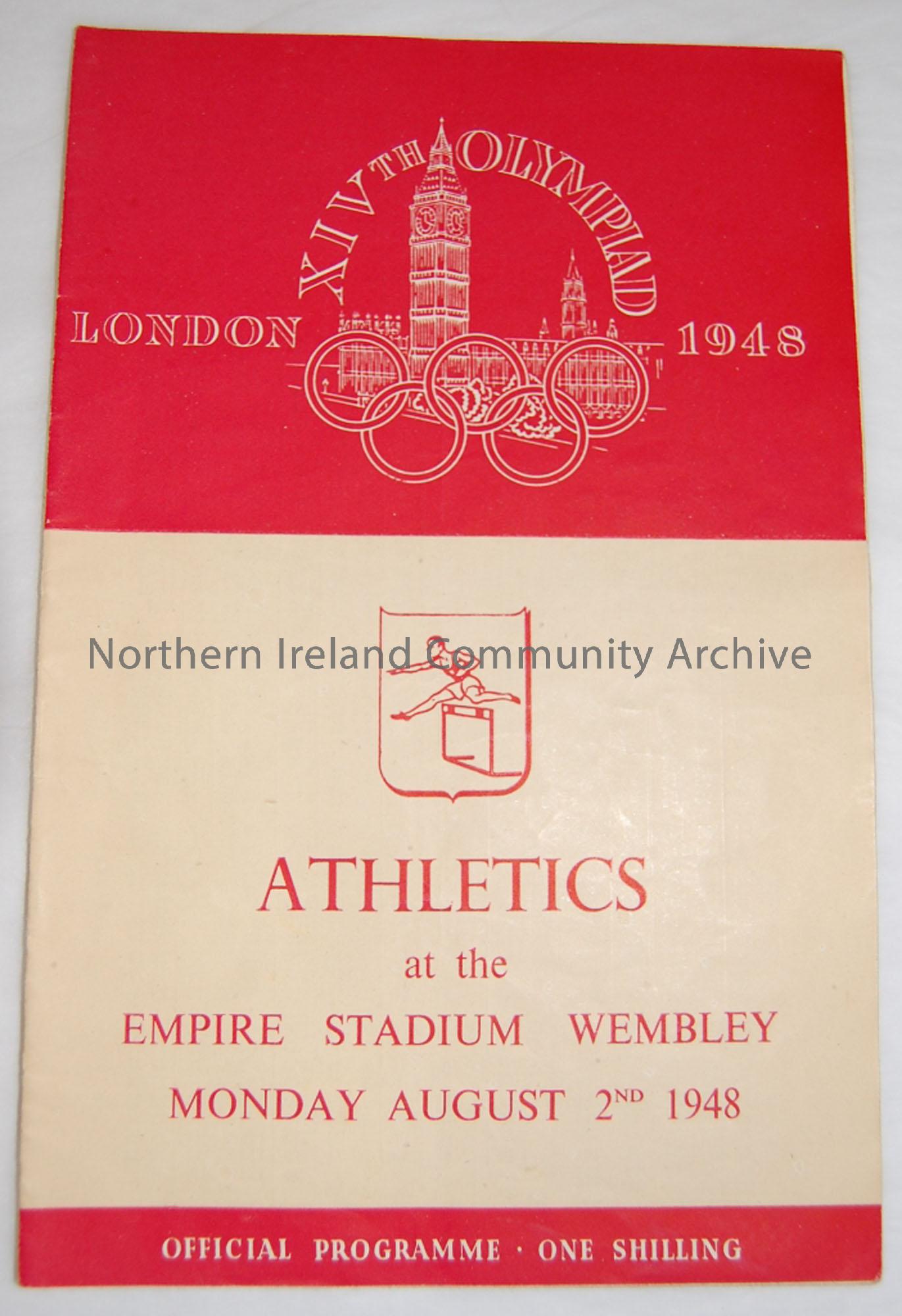 Athletics Programme from London Olympics, Empire Stadium Wembley, Monday August 2nd 1948. Illustrations include Olympic Rings and Houses of Parliament