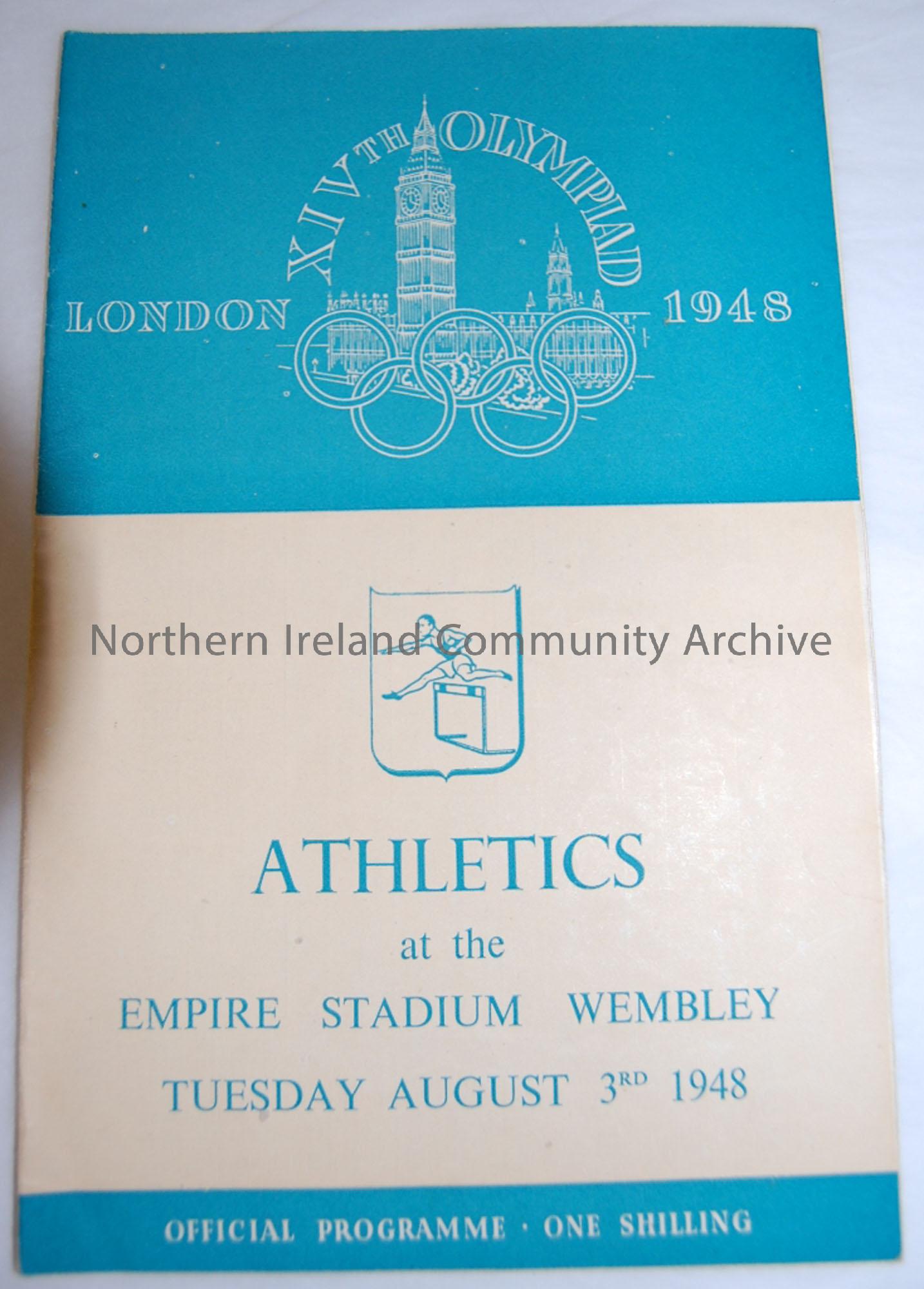 Athletics Programme from London Olympics, Empire Stadium Wembley, Tuesday August 3rd 1948. Illustrations include Olympic Rings and Houses of Parliamen…