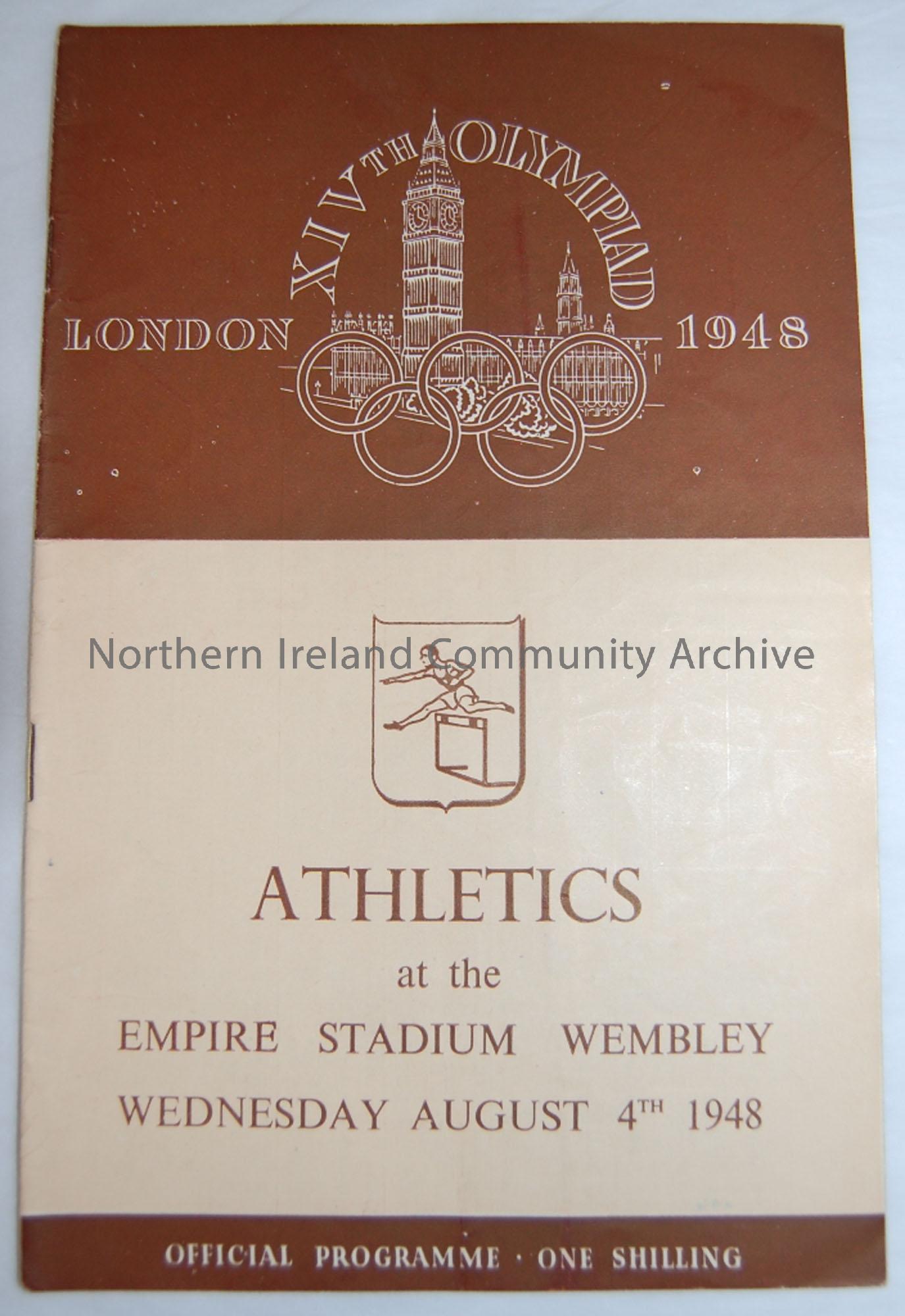 Athletics Programme from London Olympics, Empire Stadium Wembley, Wednesday August 4th 1948. Illustrations include Olympic Rings and Houses of Parliam…