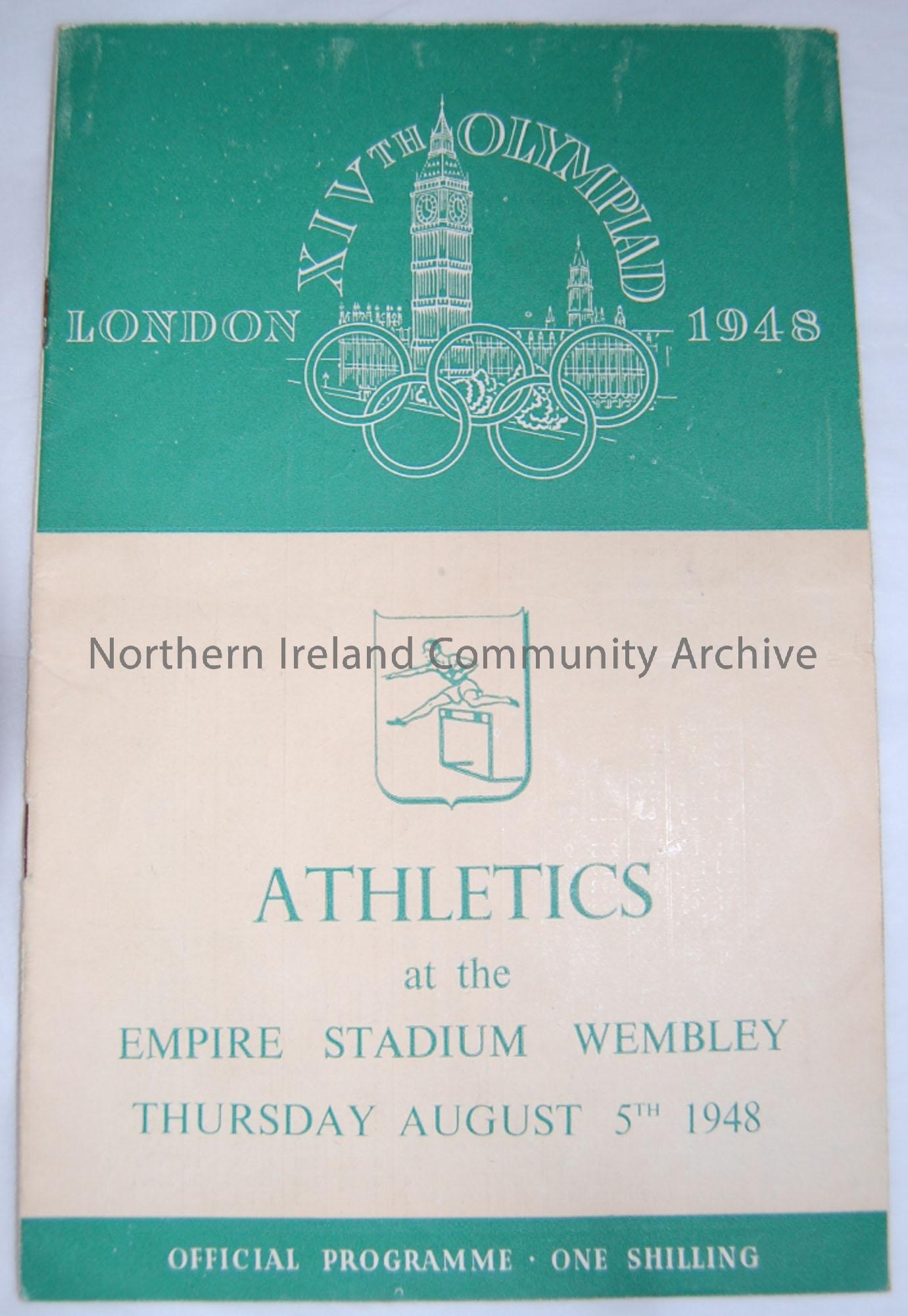 Athletics Programme from London Olympics, Empire Stadium Wembley, Thursday August 5th 1948. Illustrations include Olympic Rings and Houses of Parliame…