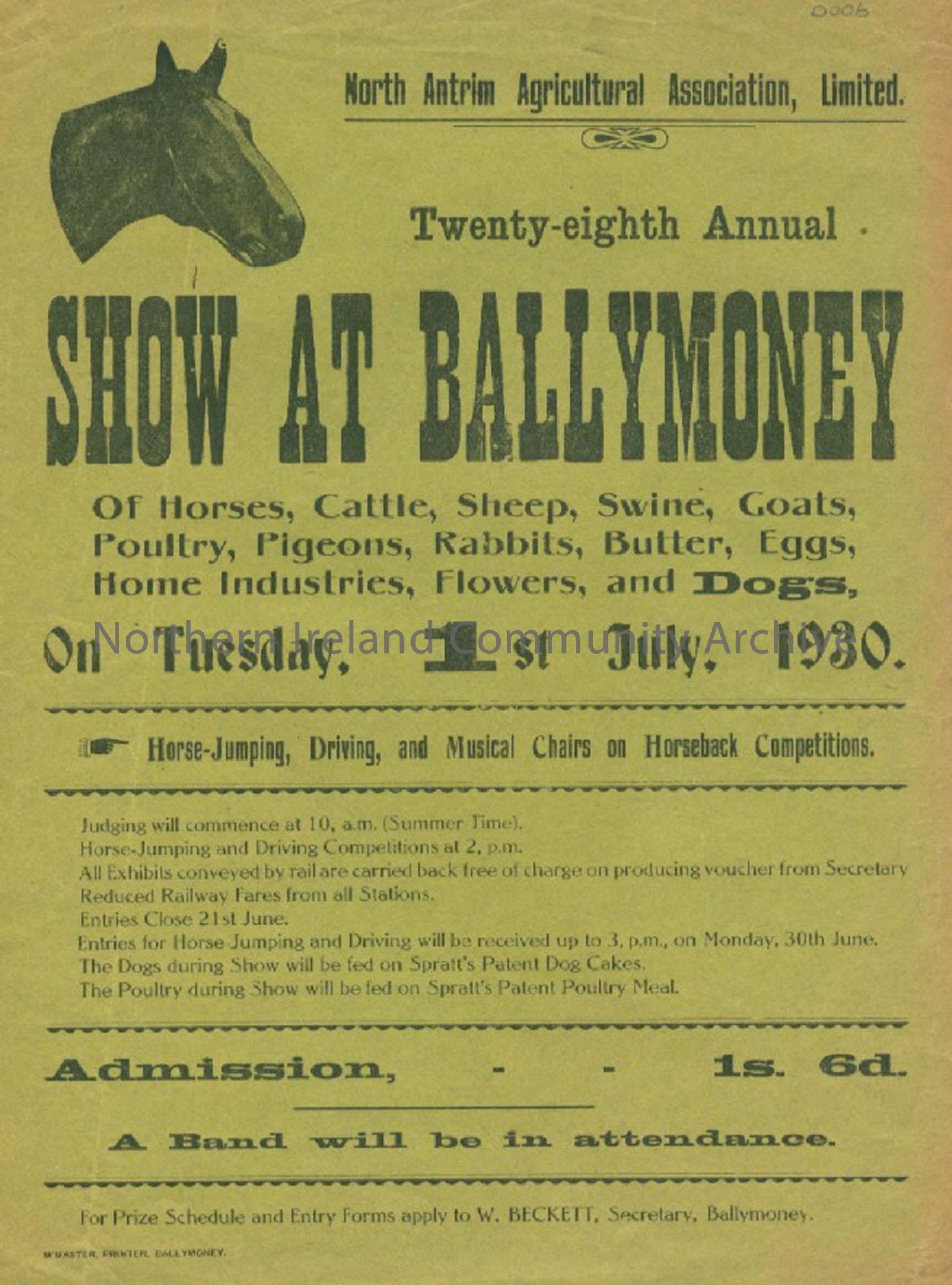 Ballymoney Show Poster, Tuesday 1st July, 1930. Poster on green paper with image of horse’s head on top left corner. Outlines the day’s programme