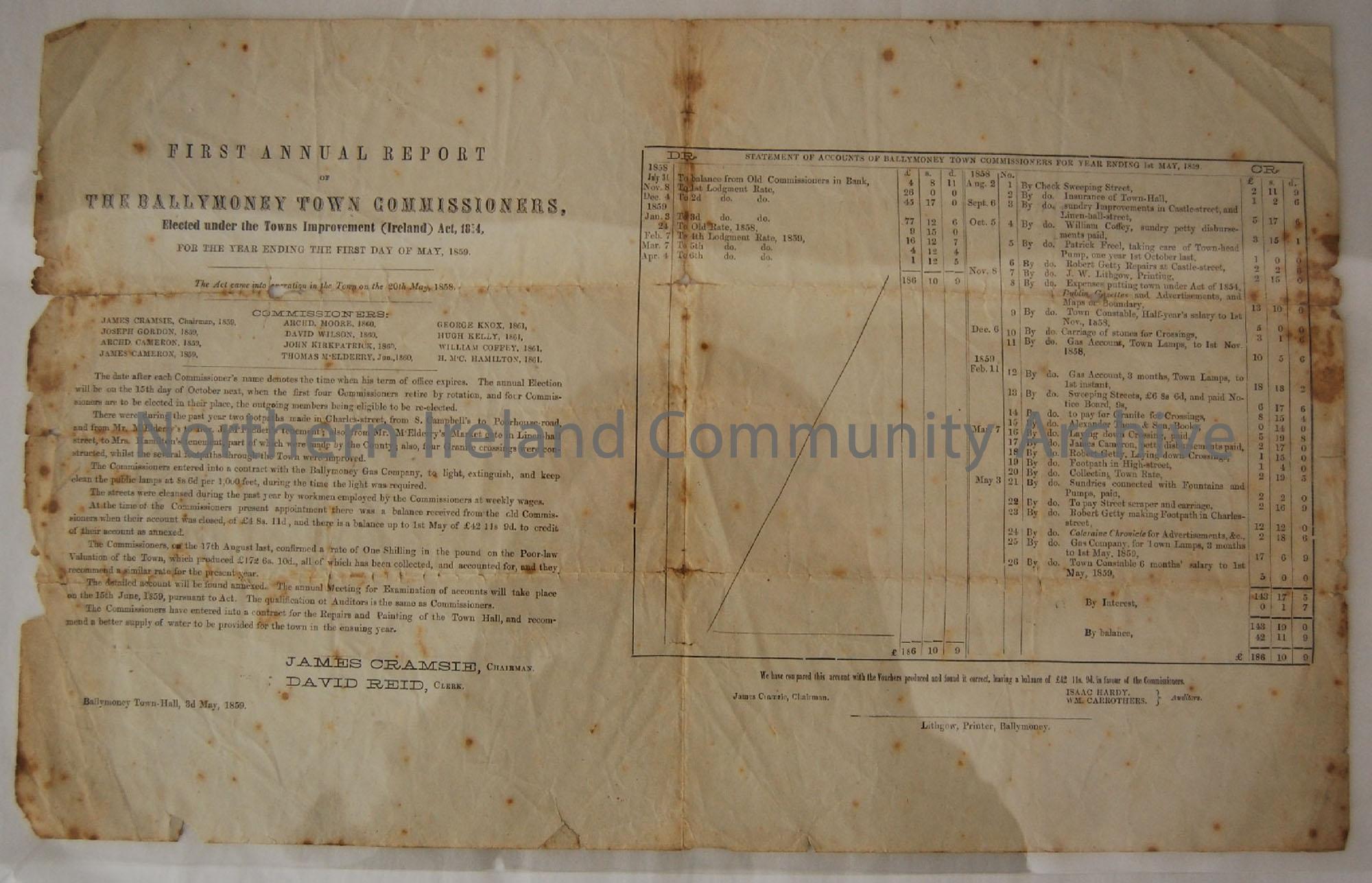 First annual report of the Ballymoney Town Commissioners, for the year ending 1st May 1859. folded out double spread. Includes statement of accounts