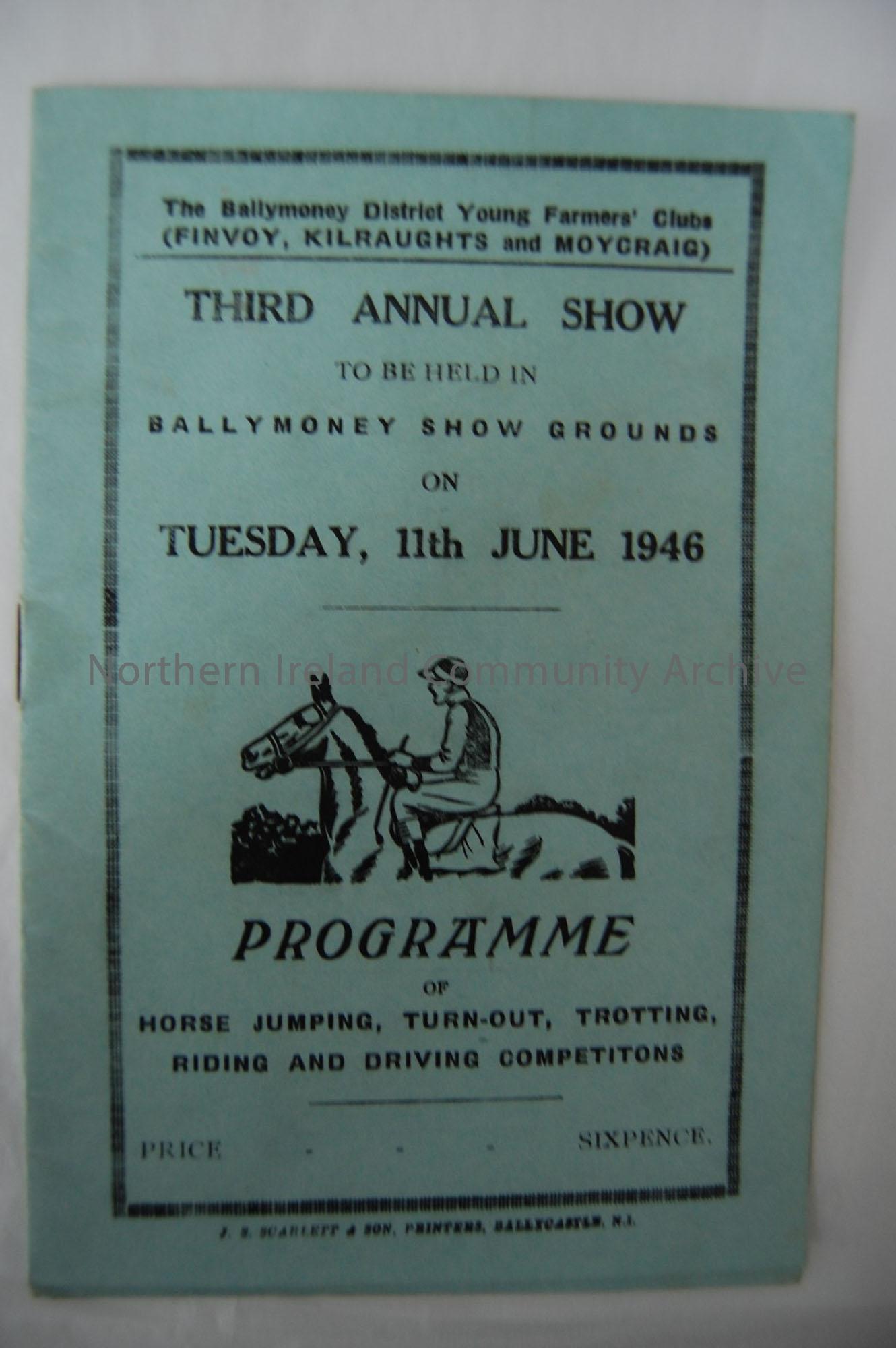 programme for 1946 Ballymoney Show. Thin, blue booklet accompanying 1946 Ballymoney Show Catalogue