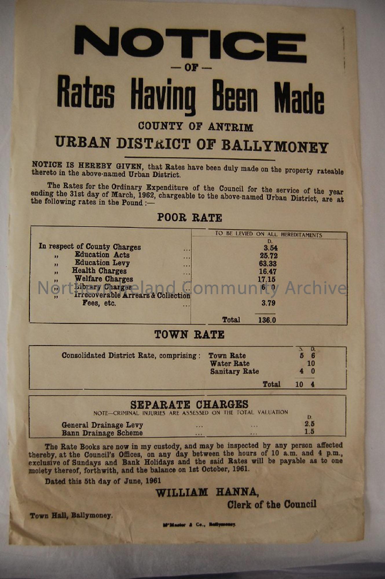 Public Notice announcing the Rates for the expenditure of Ballymoney Urban District Council for the service of the year ending 31st March 1962. Issued…