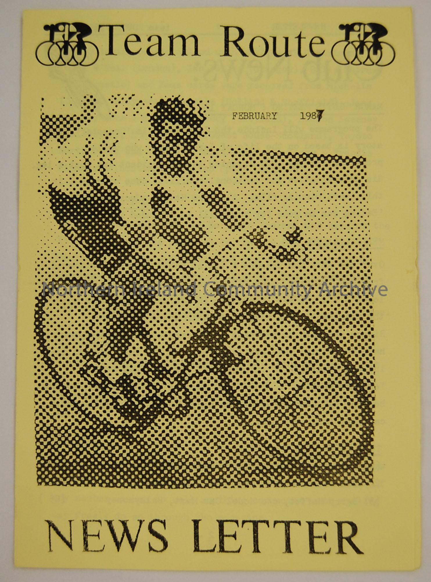 Produced copy of the Team Route Newsletter February 1987. Magazine of the Ballymoney and district cycle club containing cycling news, reviews and race…