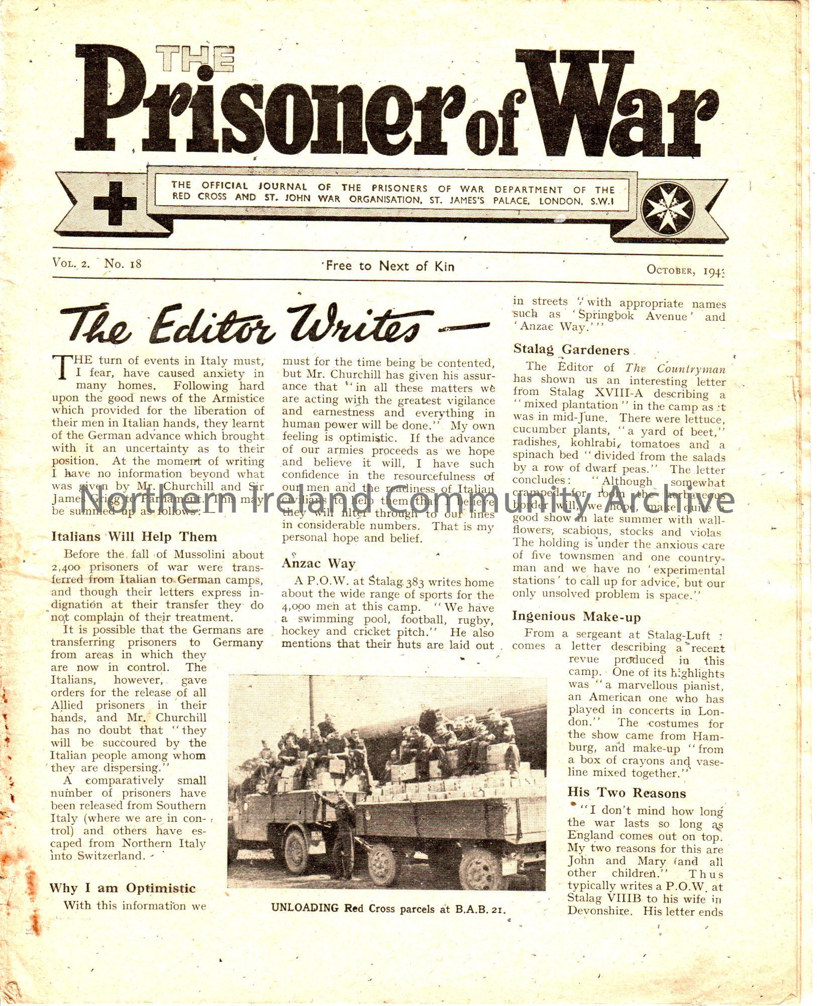 ‘The Prisoner of War’ The official journal of the prisoners of war… Vol.2 No.18 October, 1943. black and white, three pages folded