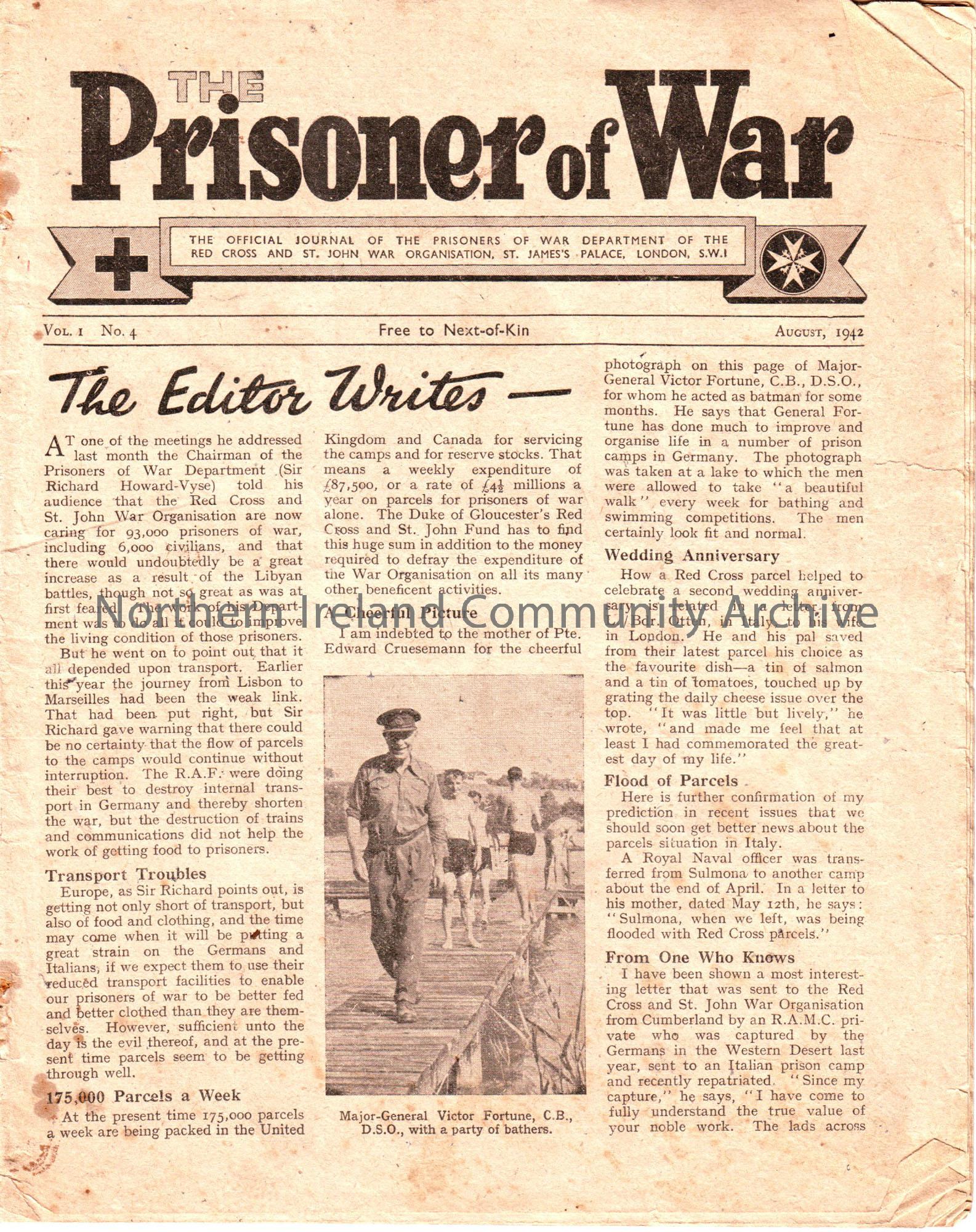‘The Prisoner of War’ The official journal of the prisoners of war… Vol.1 No.6 August, 1942. black and white, three pages folded