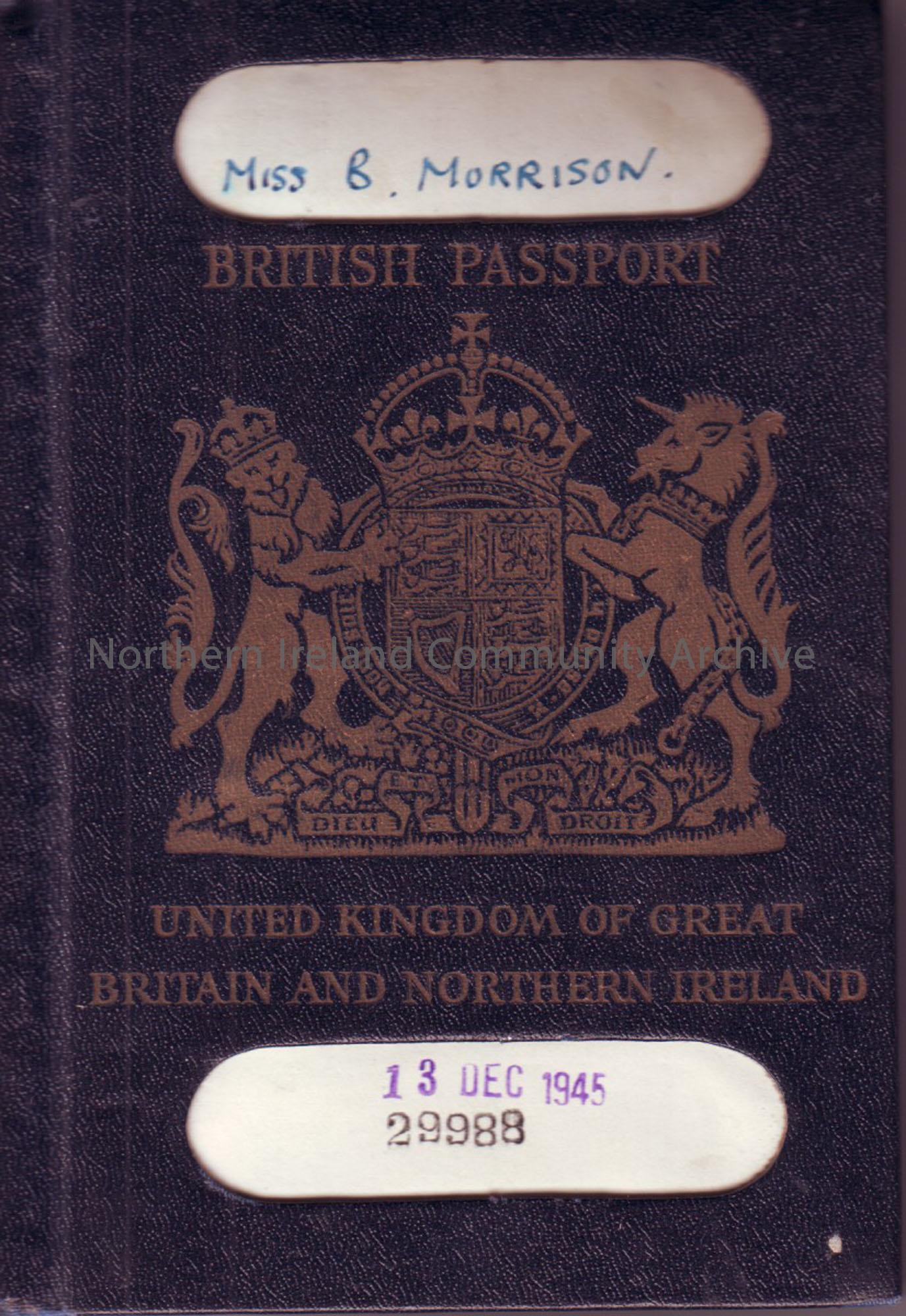British Passport belonging to Elizabeth Morrison (later Craig), dated 13th December 1945. Hard back, navy blue cover. British Rampart illustration on …
