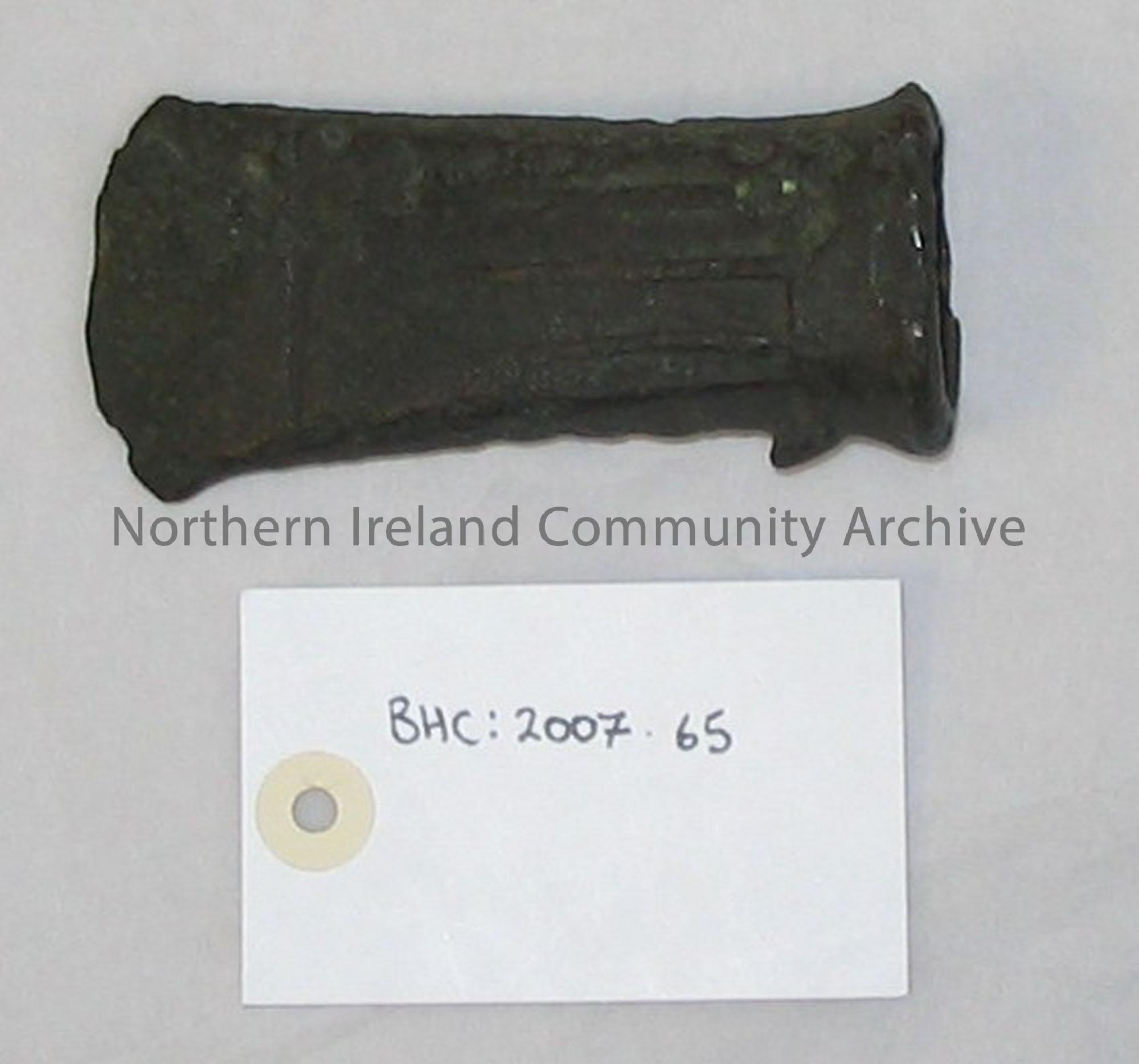 socketed axe, bronze. Found in Co. Antrim by members of the donor’s family