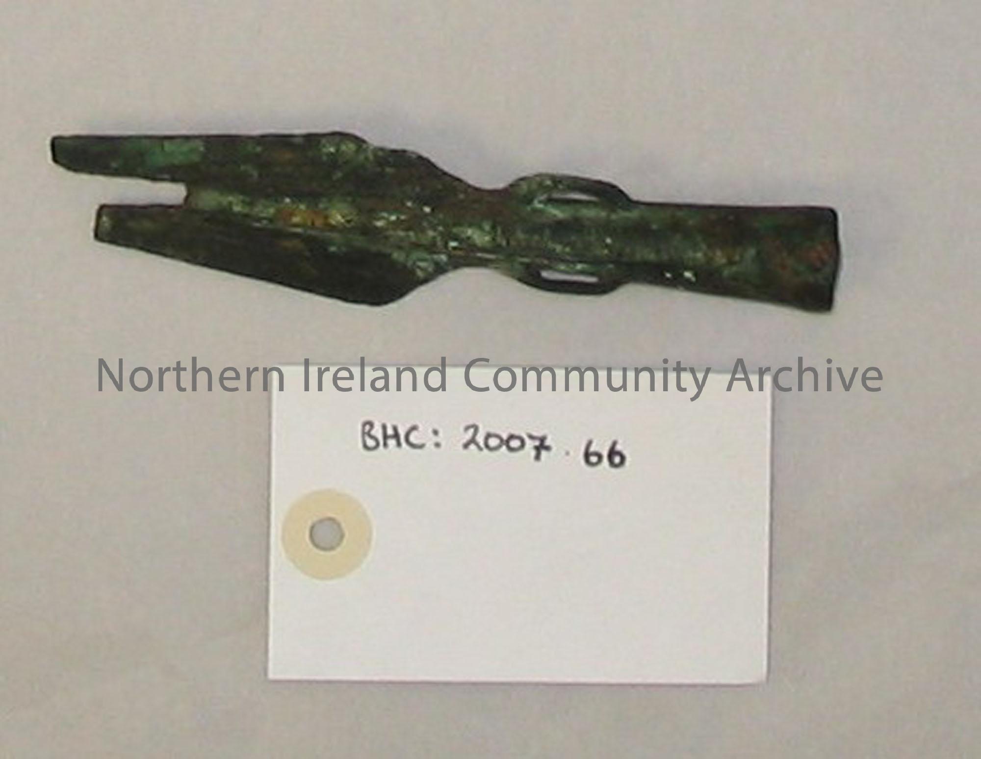 basal looped spear head, bronze. Found in Co. Antrim by members of the donor’s family