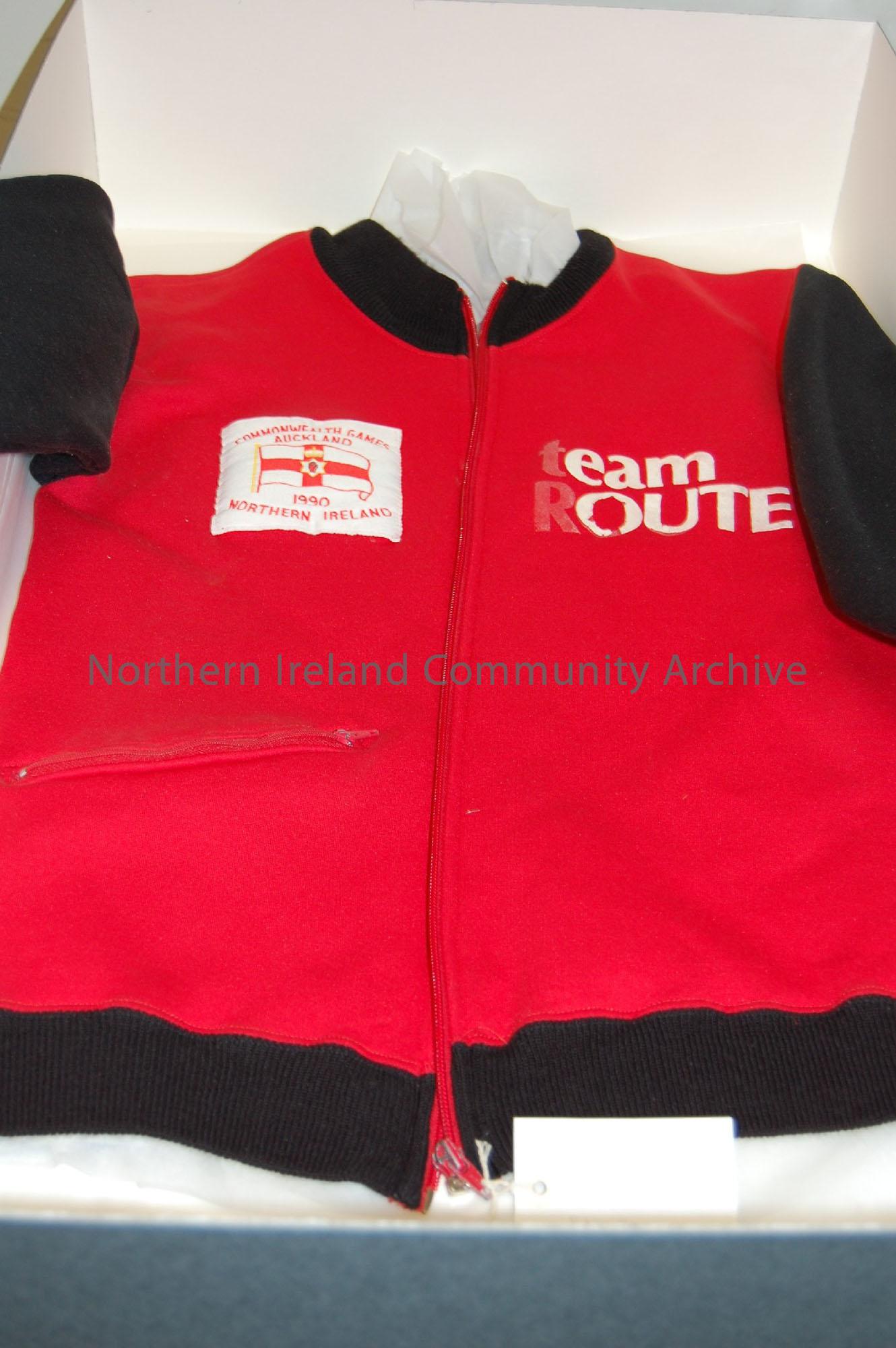 Ballymoney and District Cycle Club Tracksuit top. A later design. This was worn in New Zealand for the Commonwealth Games in 1990.