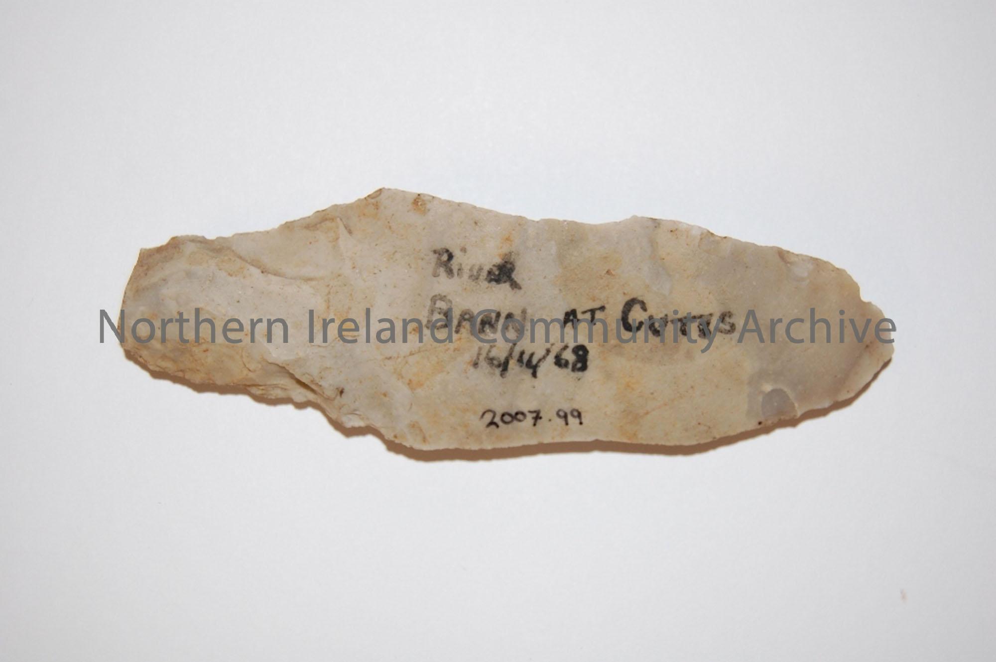 Flint tool, tanged point Bann flake. Inscribed on one side, ‘River Bann at Cutts 16.11.68’