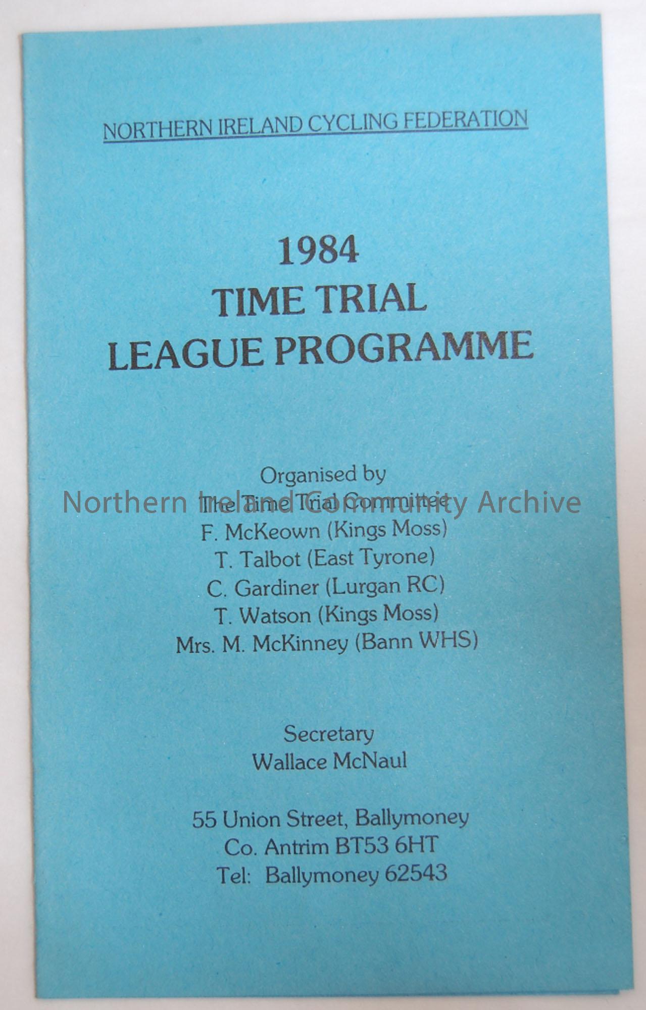 Northern Ireland Cycling Federation 1984 Time Trial league programme.