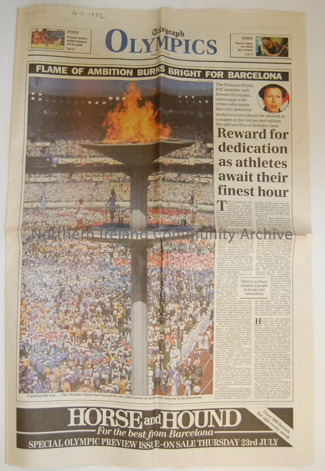 Daily Telegraph. Olympics, Tuesday, July 21 1992