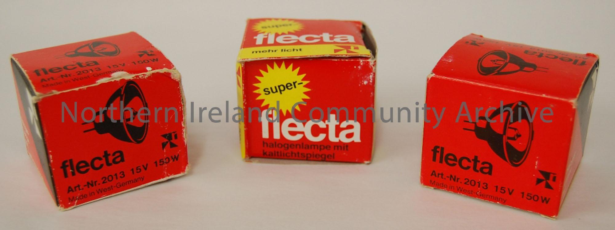 Three Flecta Halogen lamps. 15V, 150W in original red boxes