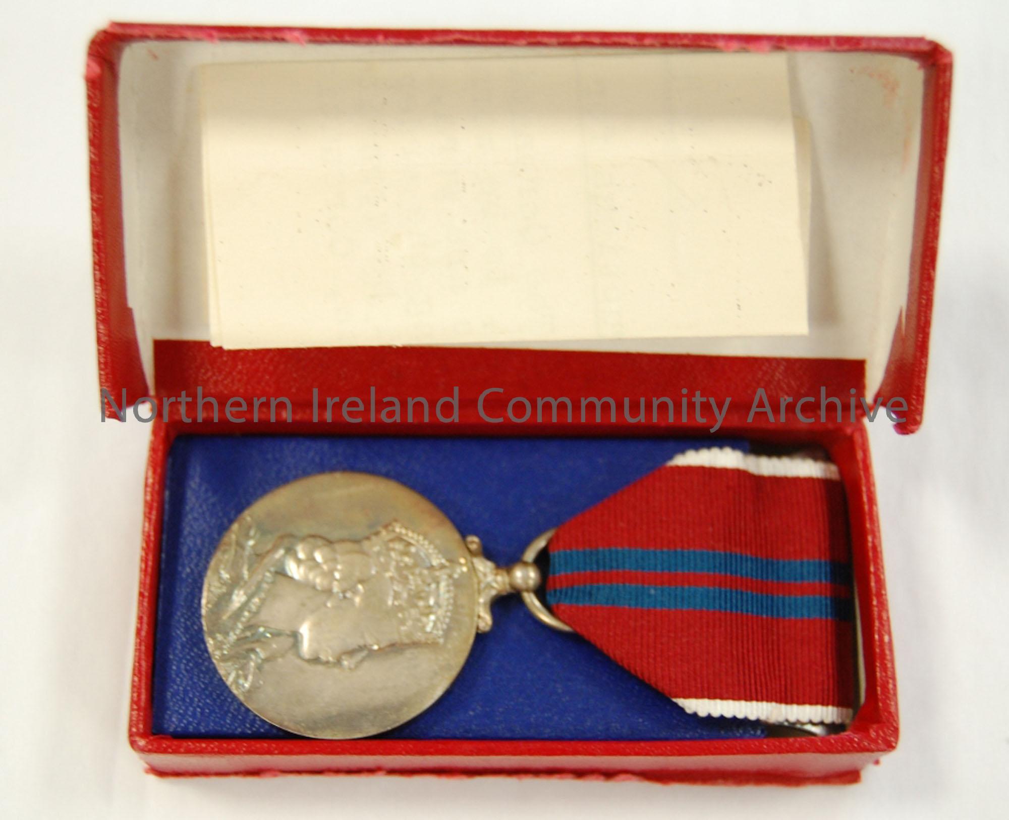 Coronation Medal in original red box with instructions for wearing leaflet. 2nd June 1953