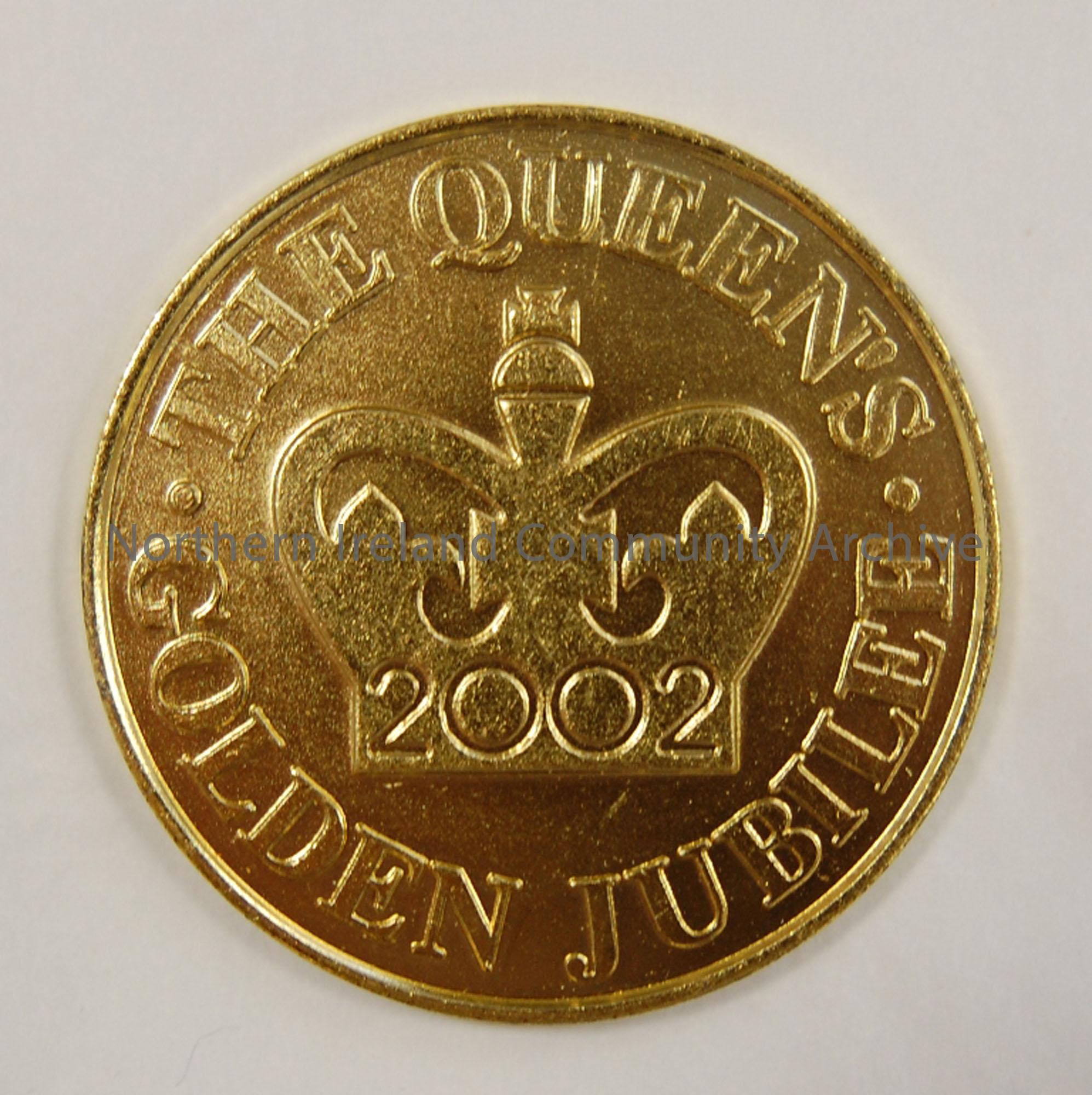 Three Queen Golden Jubilee coins in original box with plaque inside saying Ballymoney Borough Council.
