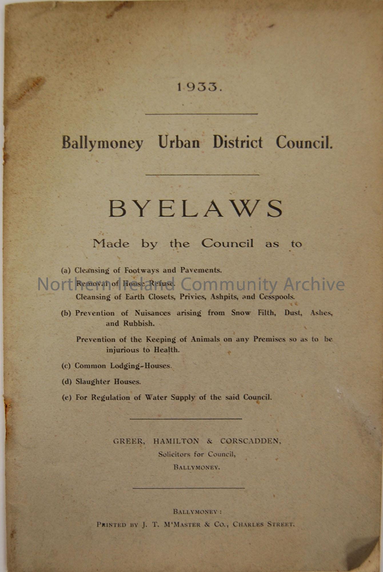 Ballymoney Urban District Council Bye-laws. 1933