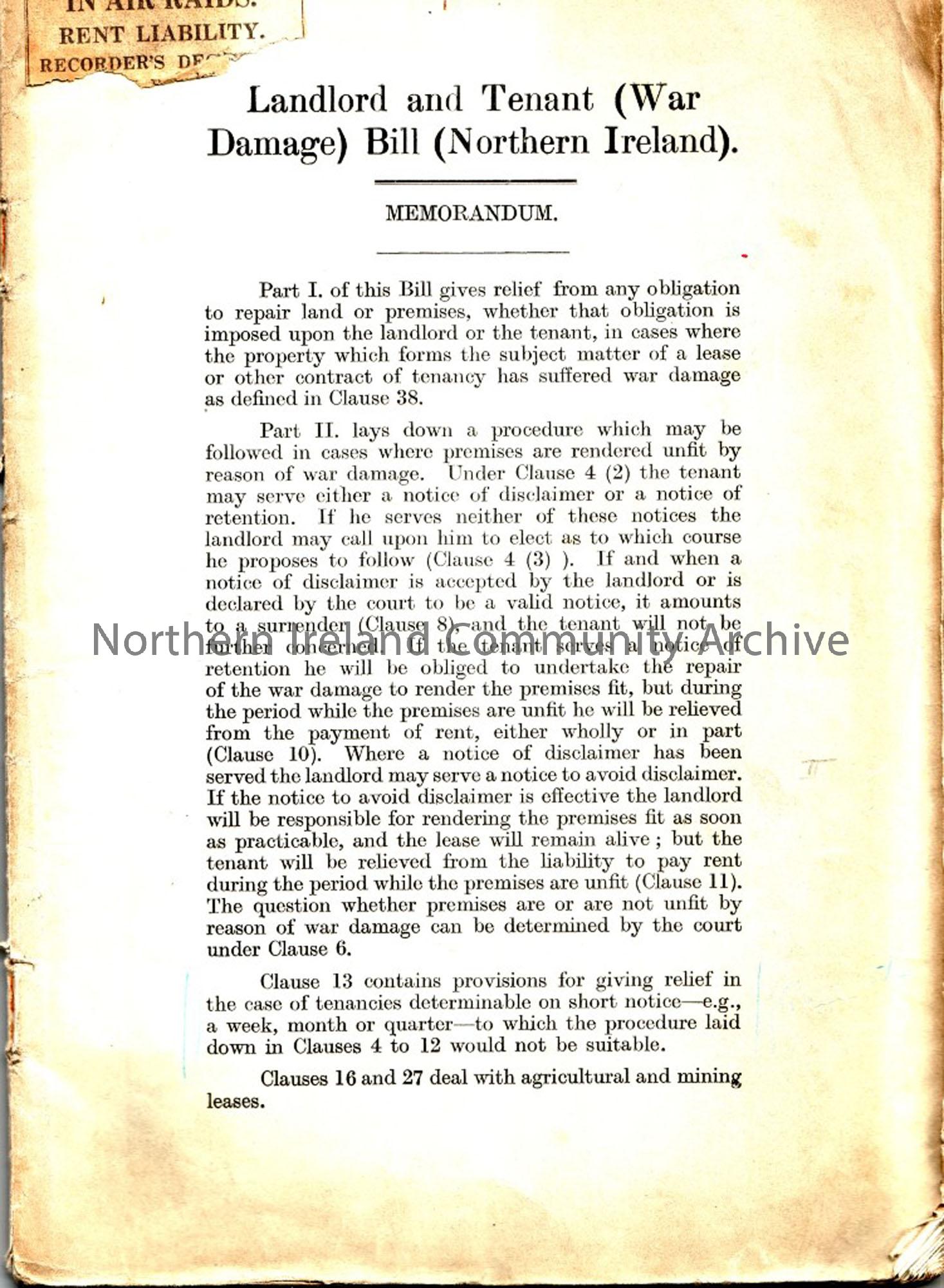 Landlord and Tenant (War Damage) Bill (Northern Ireland) 2nd & 10th September 1941