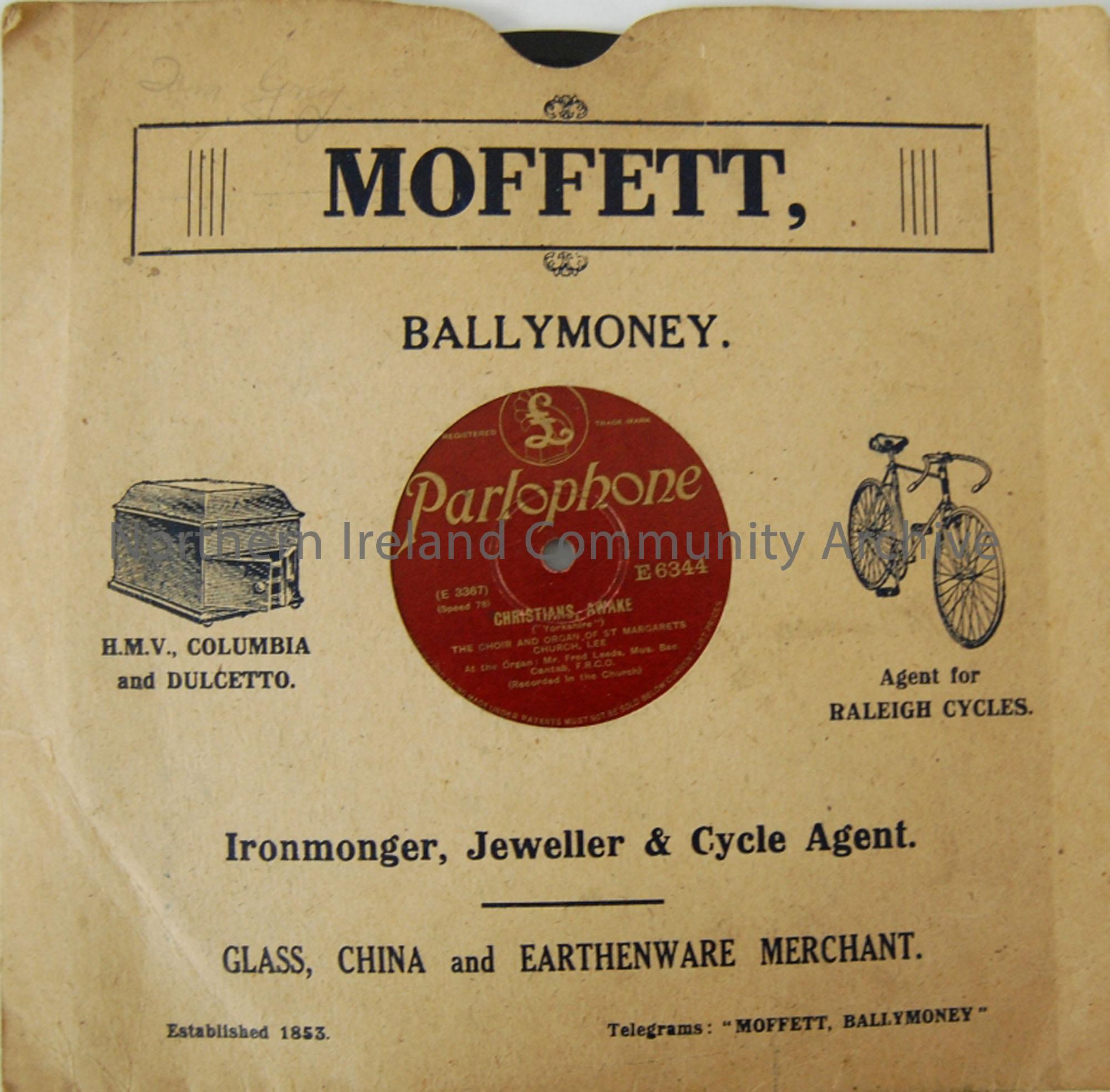 Gramaphone record and sleeve from Moffett’s store, Ballymoney