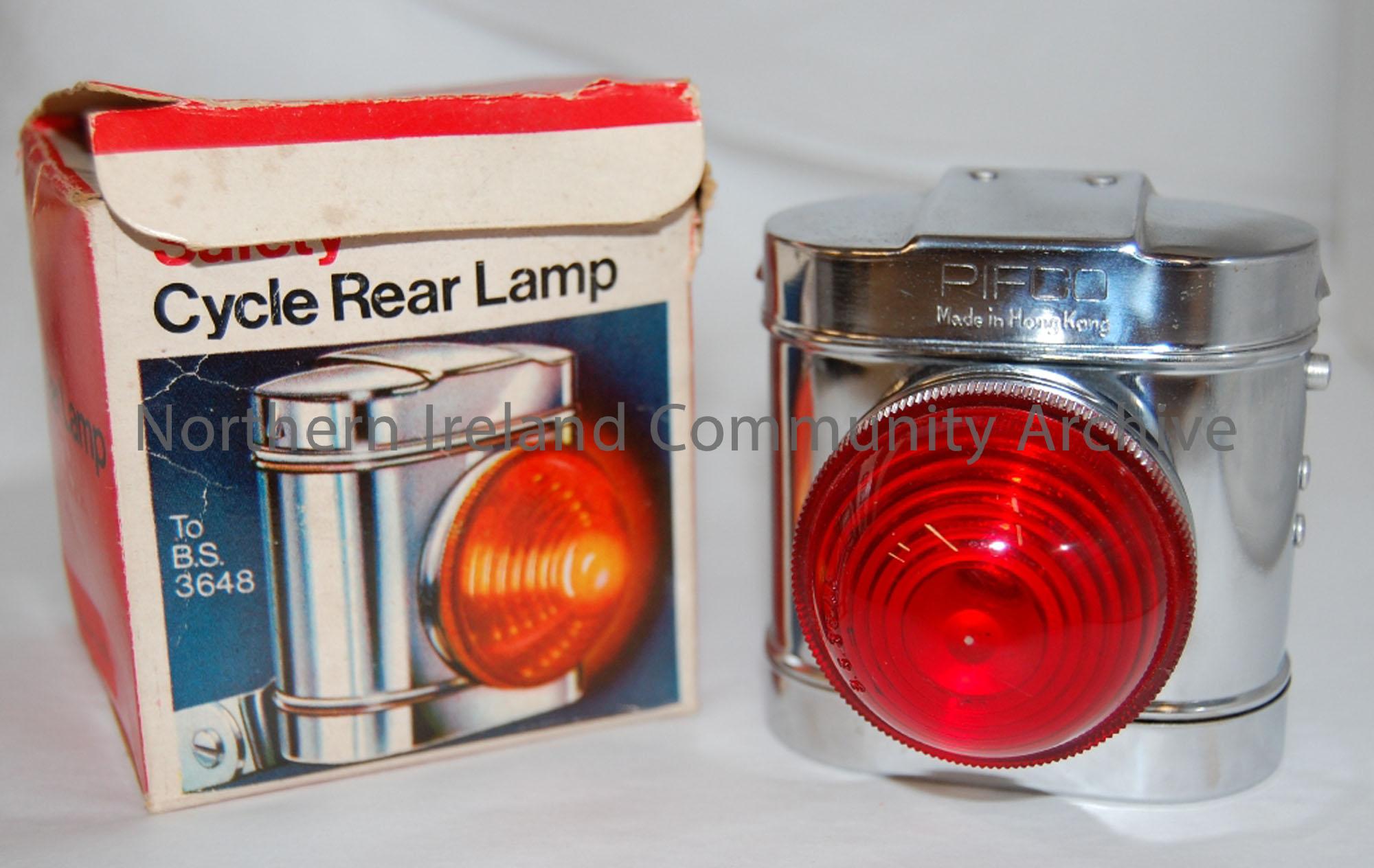 Pifco safety cycle rear lamp. To B.S.3648. Chrome finish. Uses two large unit cells. In original box.