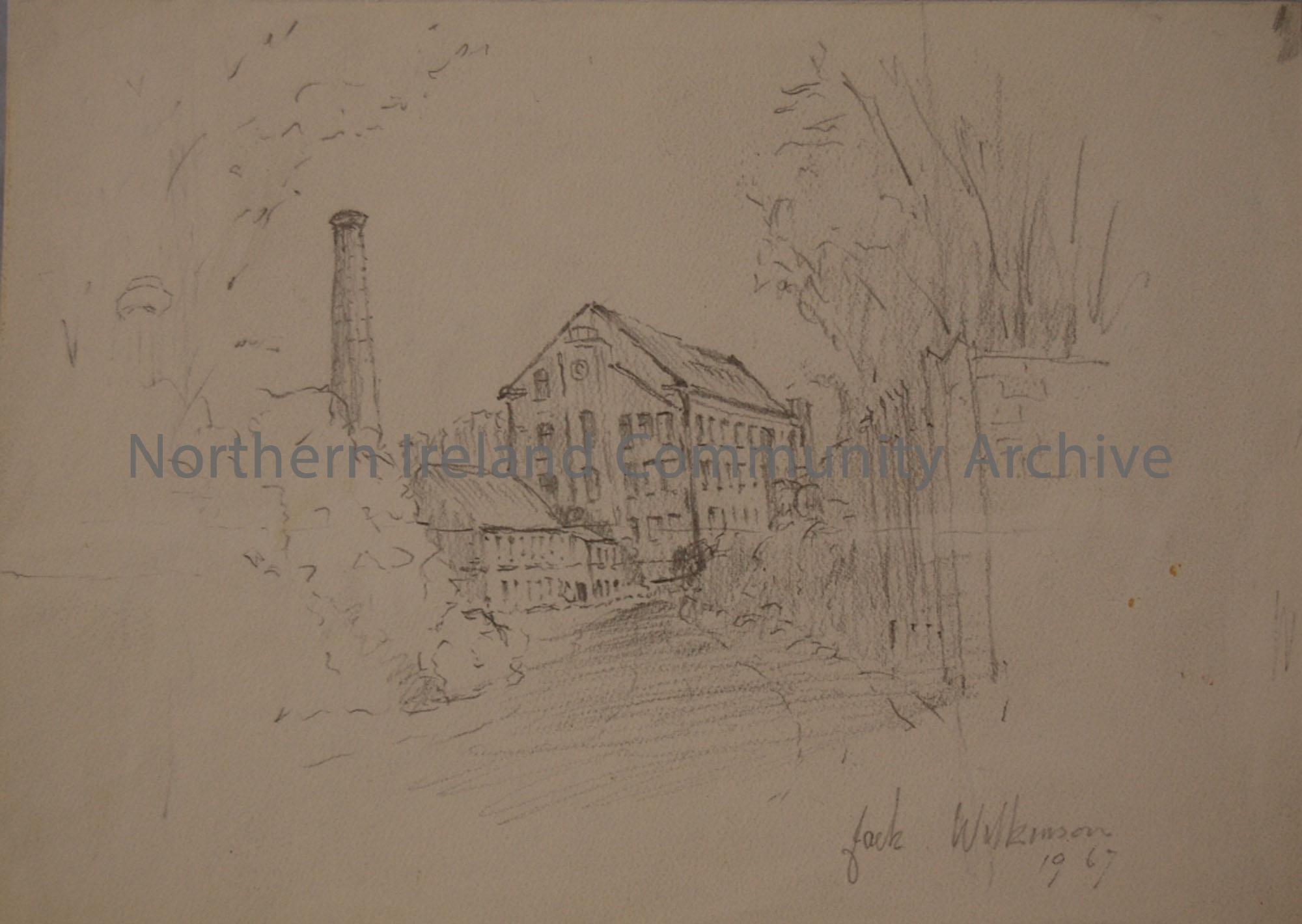 Pencil sketch of Balnamore Mill, Co. Antrim by Jack Wilkinson