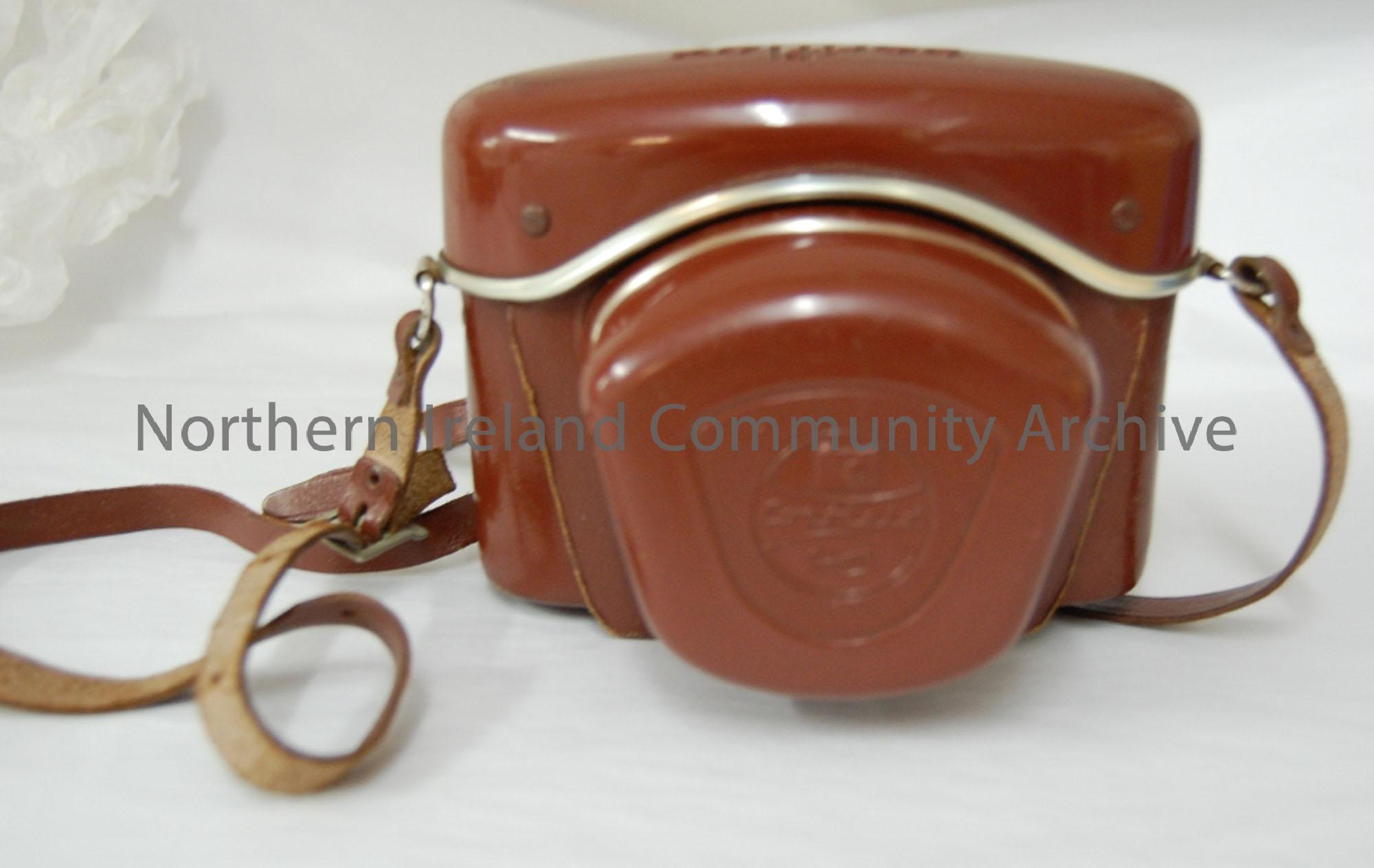 Corfield Periflex Gold star camera case with Lumax lens. Camera is accessioned as BHC:2013.78