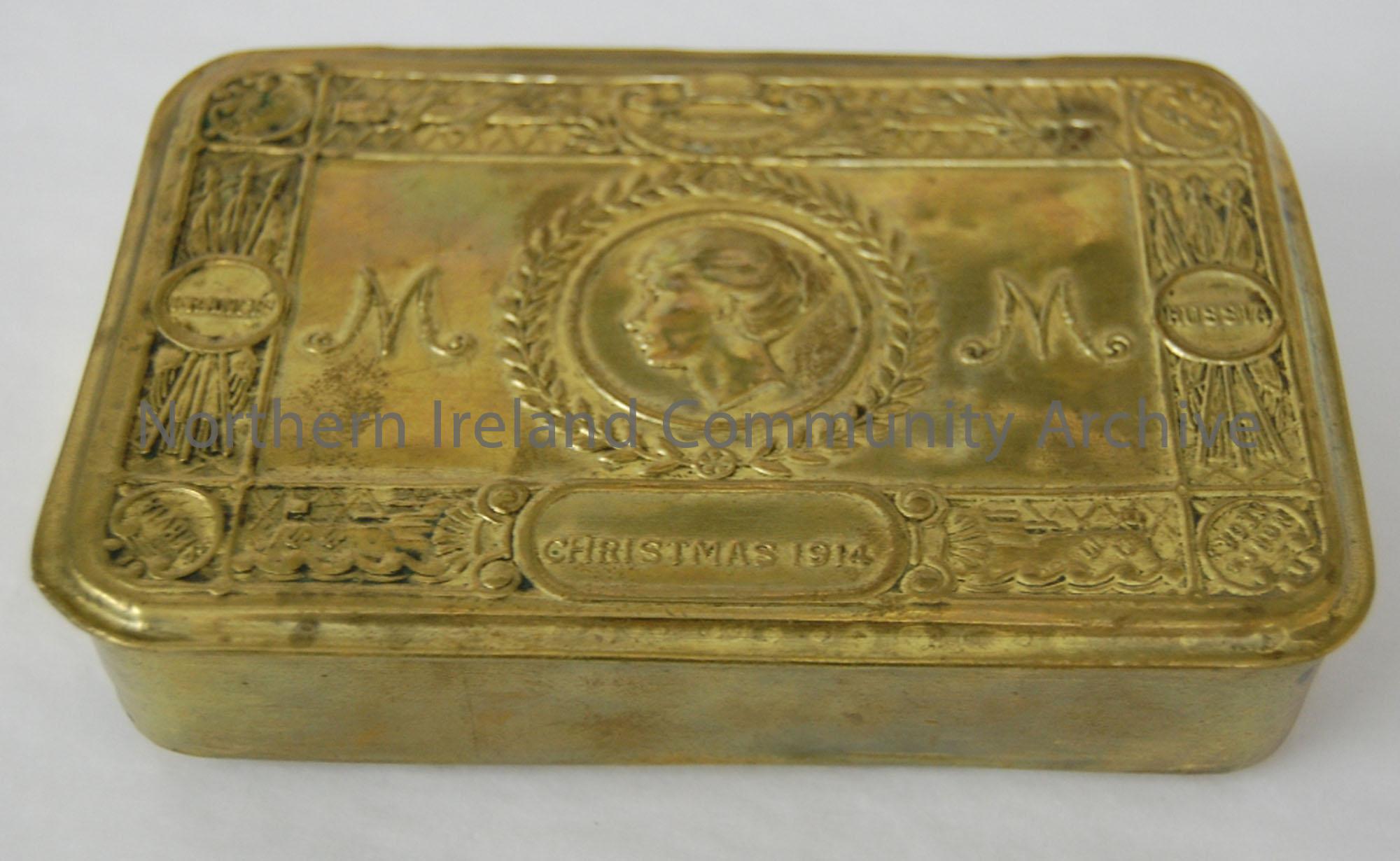 Princess Mary Christmas brass embossed box 1914.The surface of the lid depicts the head of Princess Mary in the centre, surrounded by a laurel wreath …