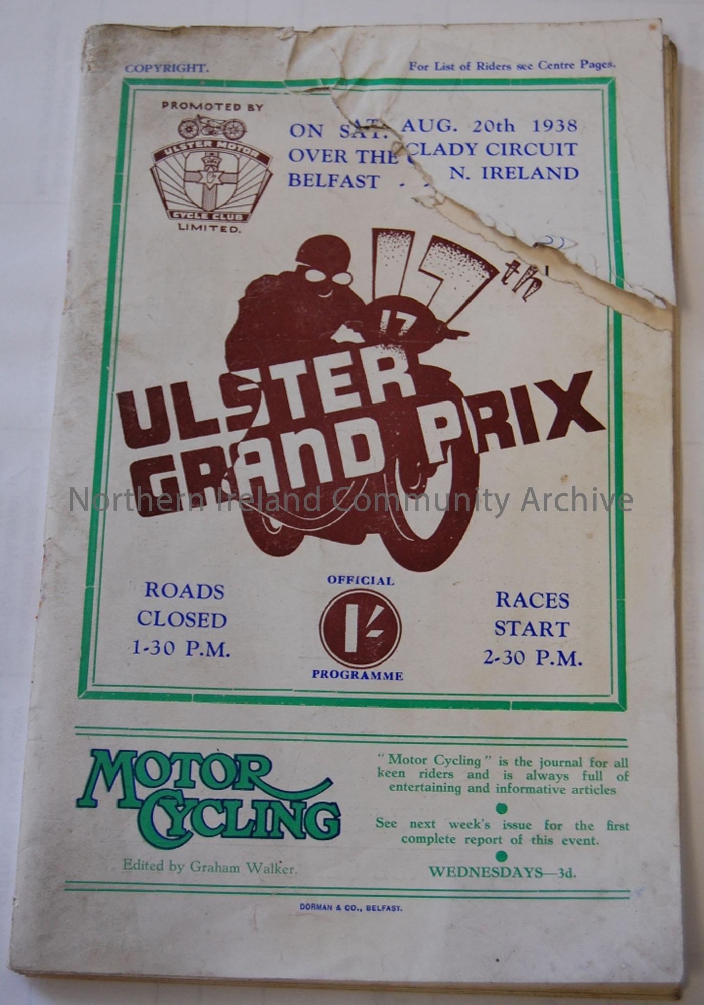 Official Souvenir programme- 17th Ulster Grand Prix 20th August 1938, Clady Circuit, Belfast Price 3d.