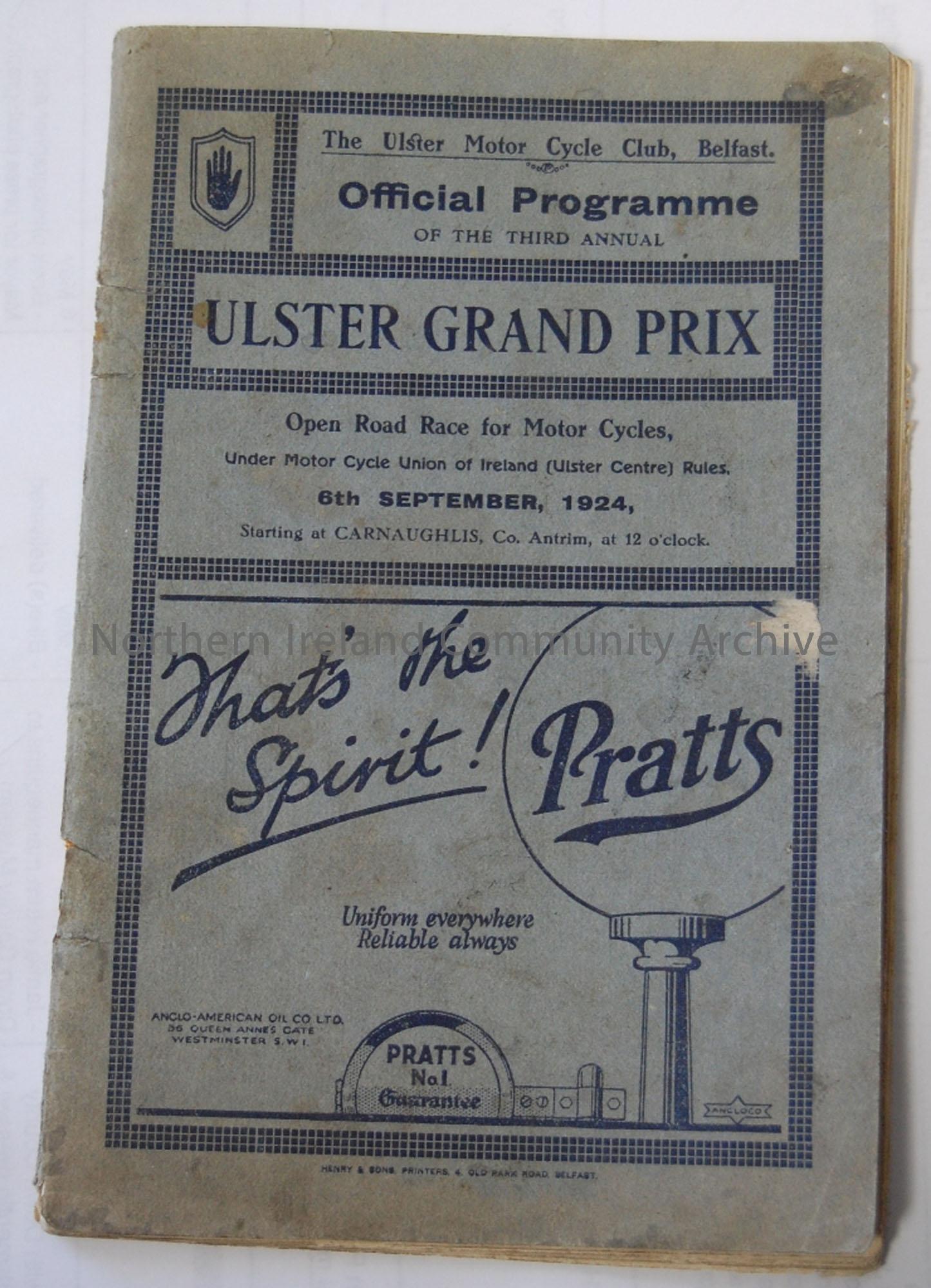 Official Souvenir programme- 3rd Classic International Ulster Grand Prix 6th September, 1924 Price 3d.