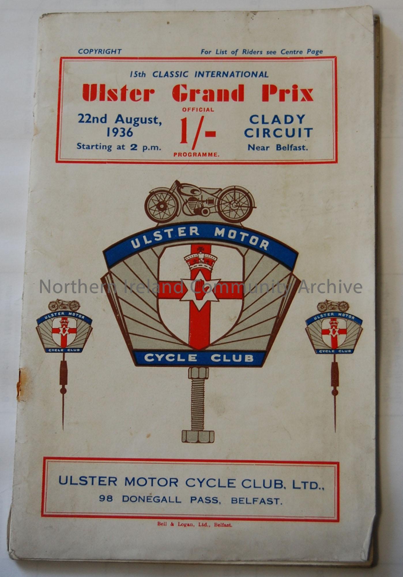 Official Souvenir programme- 15th Classic International Ulster Grand Prix 22nd August, 1936