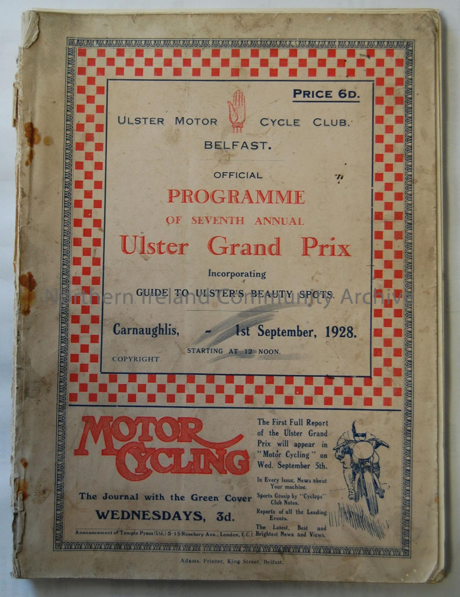 Official Souvenir programme- 7th Ulster Grand Prix 1st September, 1928 Incorporating Guide to Ulster’s Beauty spots.