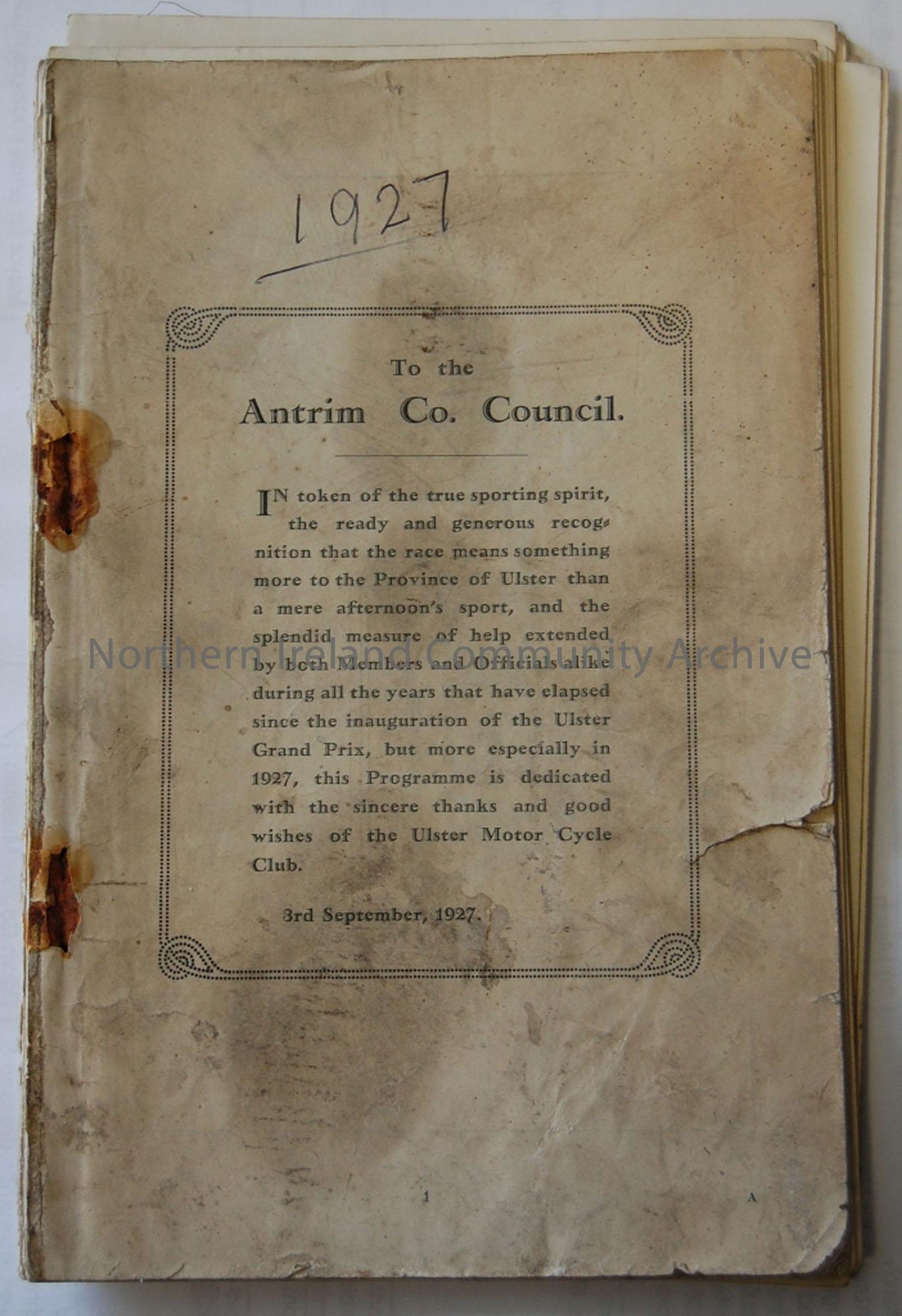 Official Souvenir programme- 3rd September, 1927- To the Antrim Co.Council