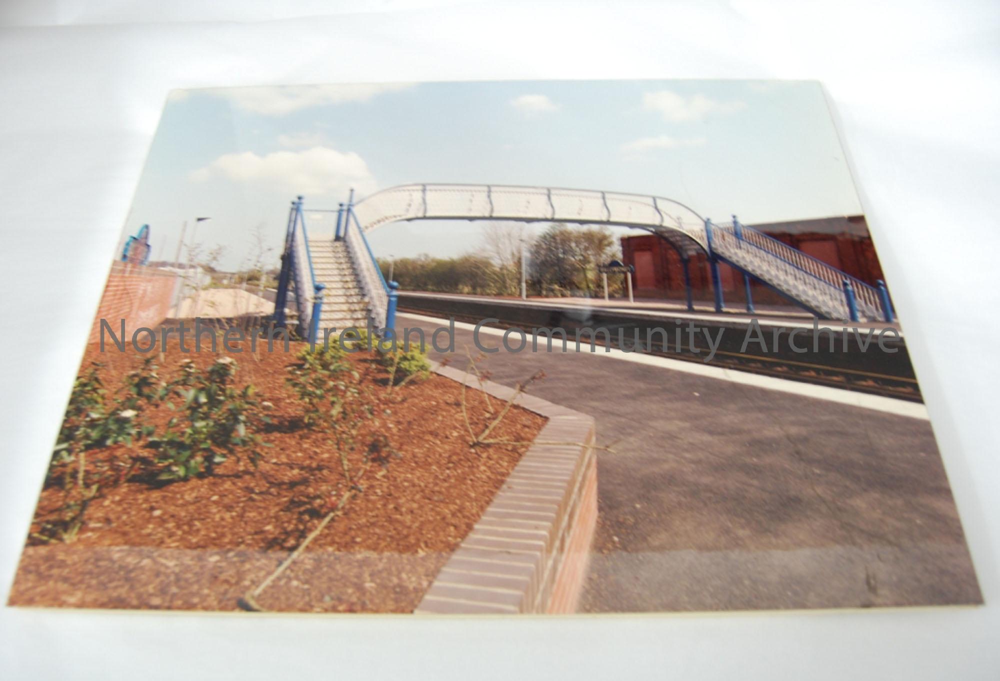 photograph on spongeboard of the bridge over the railway lines at Ballymoney train station
