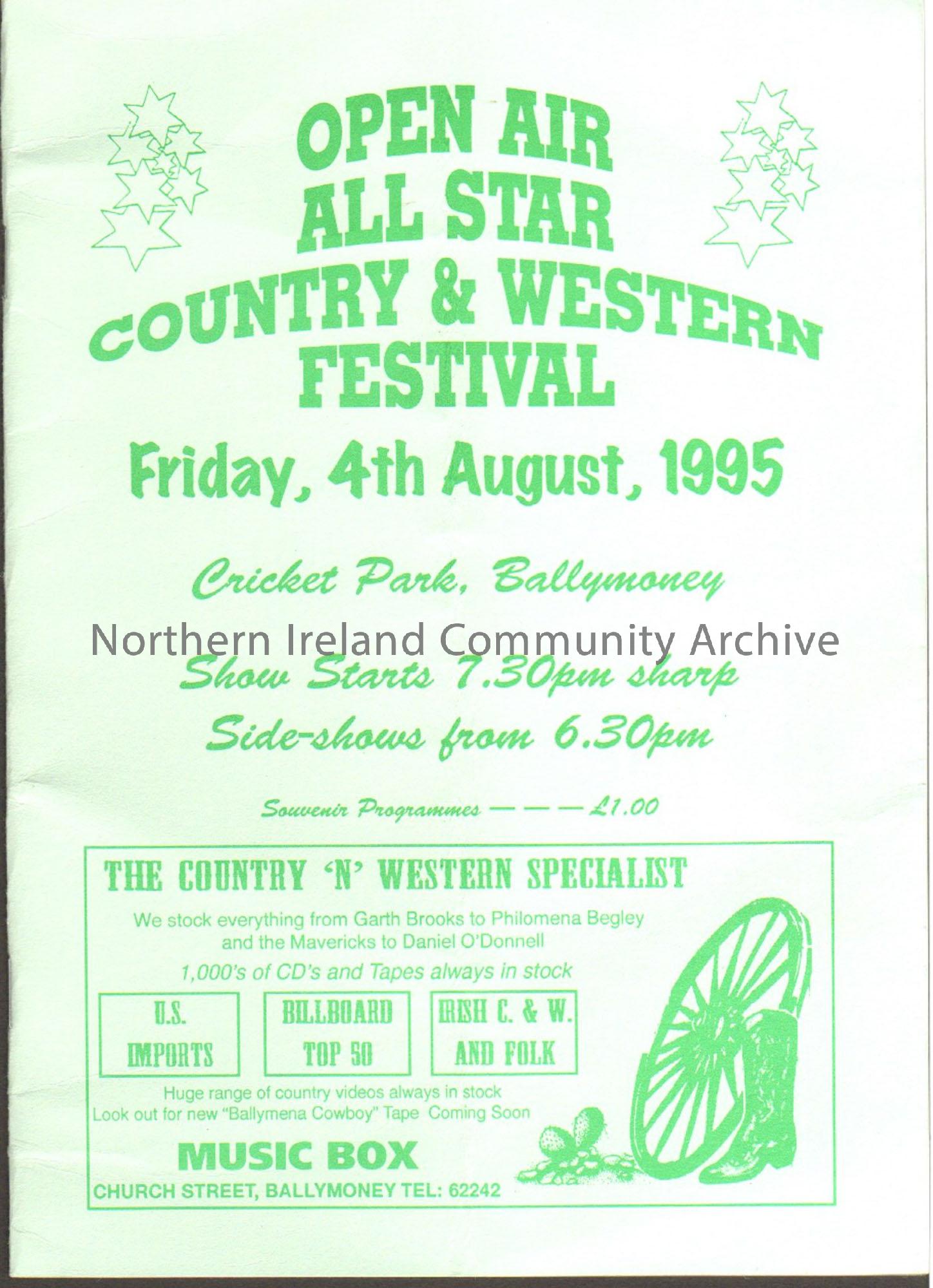 Open Air All Star Country & Western Festival, Friday 4th August 1995. Light green cover with dark green writing. Image of a boot by a wagon wheel at t…