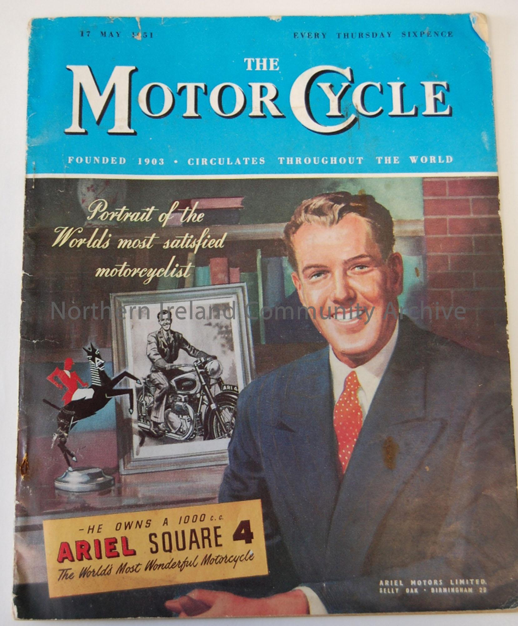 The Motor Cycle, 17th May 1951, Every Thursday sixpence. Blue / colour illustration of a man in suit on front cover.