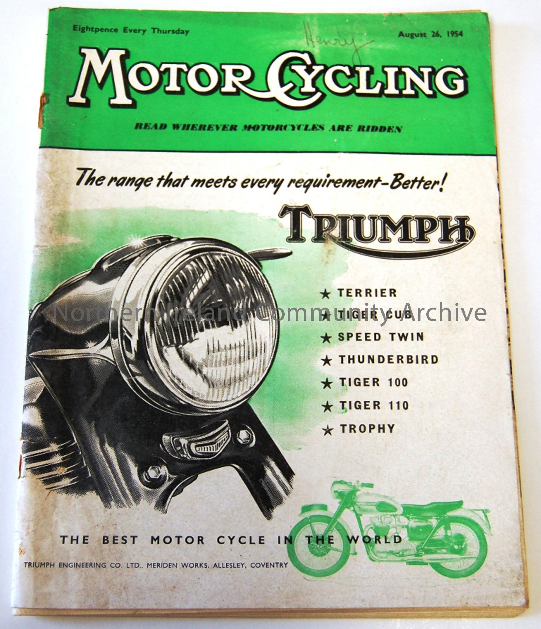 Motor cycling, read wherever motorcyclists are ridden- August 26, 1954