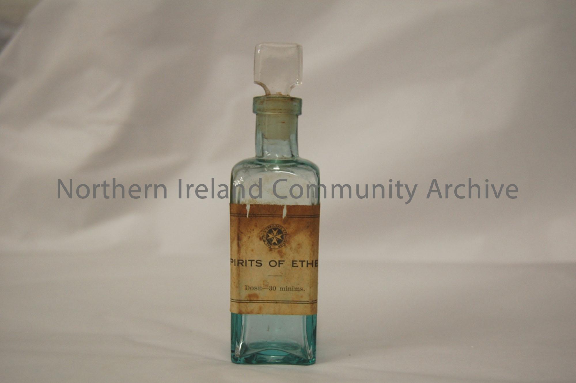 bottle, blue tinted glass, “Spirits of ether…” (St.John Ambulance)