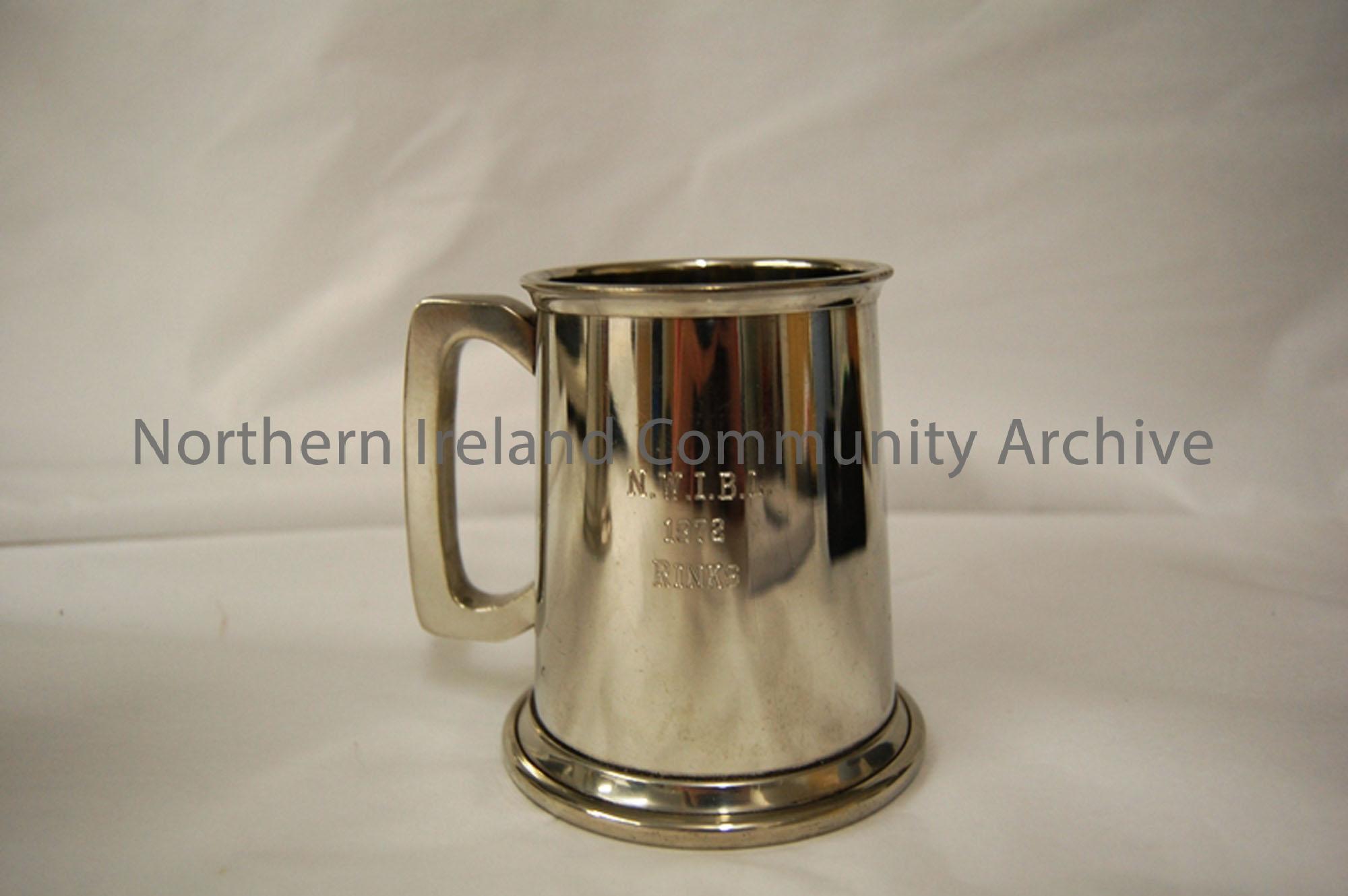 pewter tankard with handle on left side. Inscribed N.W.I.B.L 1972 Rinks