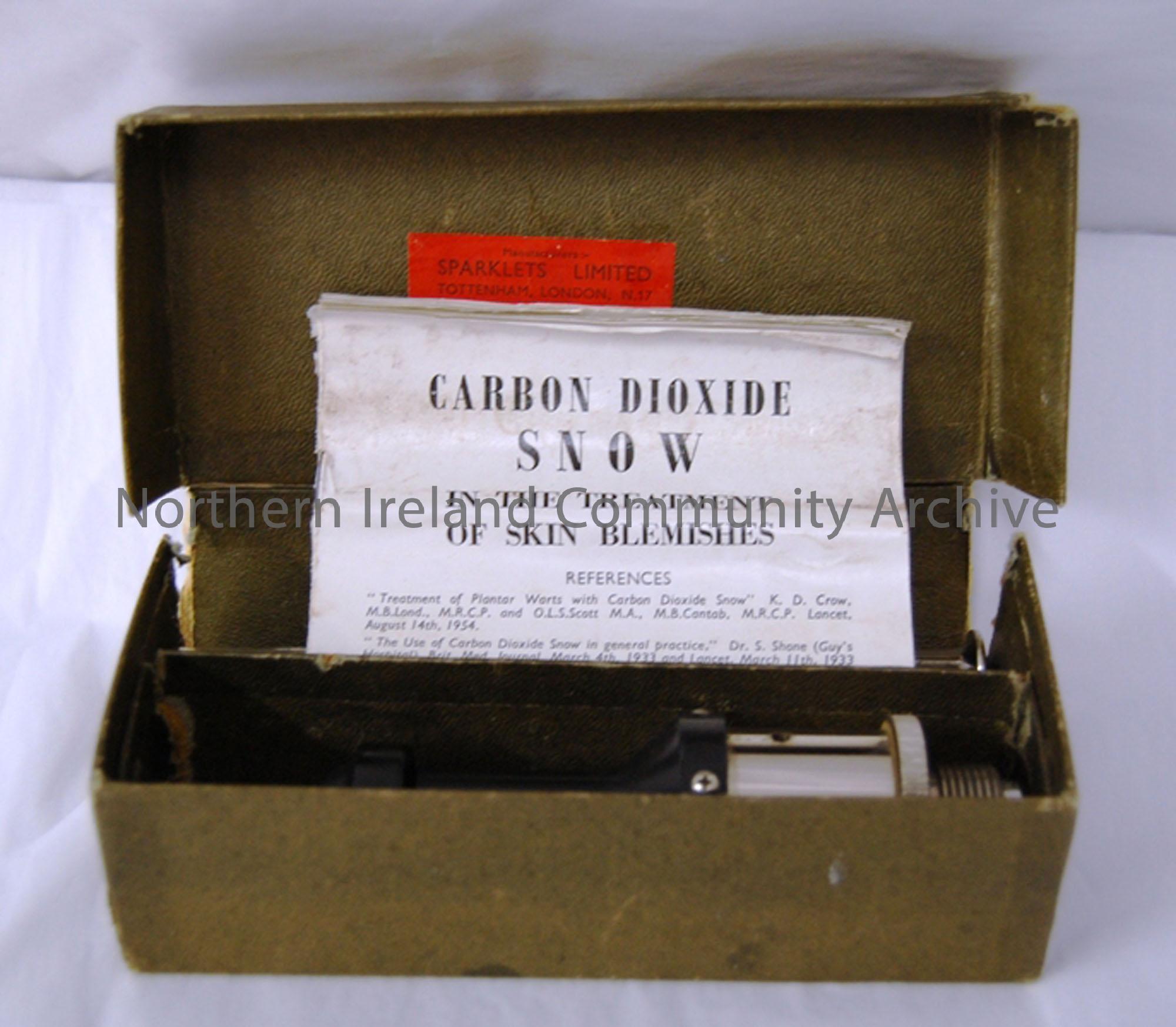 Box containing Carbon Dioxide Snow. 1950s- 1960’s. This was used for burning warts etc. Has been replaced by liquid nitrogen.