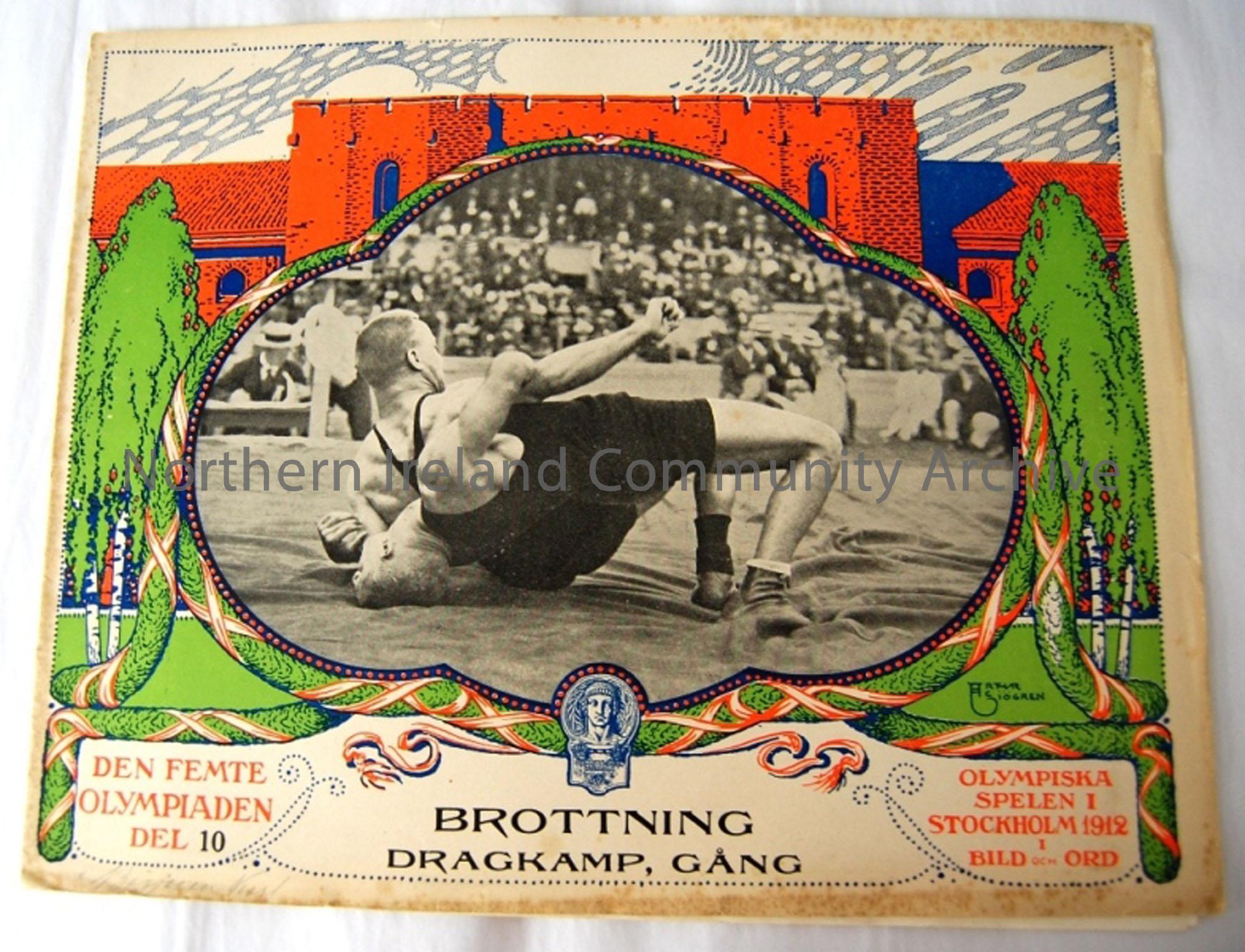 After the 1912 Olympic games 24 booklets were produced in Swedish. This issue features the wresting tug of war