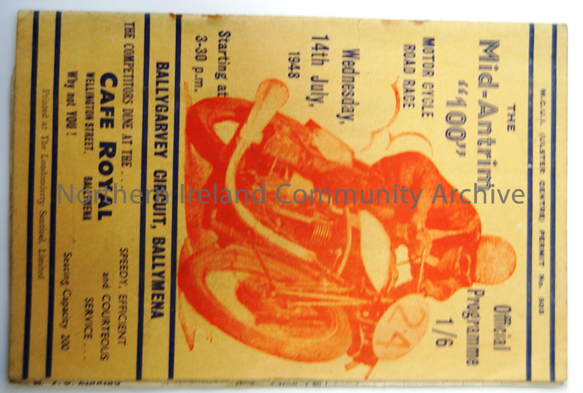The Mid-Antrim ‘100’ Motorcycle road race, Wednesday 14th July, 1948 starting at 3.30pm, Ballygarvey circuit, Ballymena.