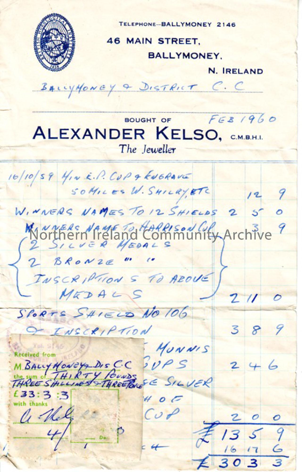 Invoice from Alexander Kelso, The Jeweller, 46 Main Street, Ballymoney, N.Ireland to Ballymoney & District C.C. Feb 1960.