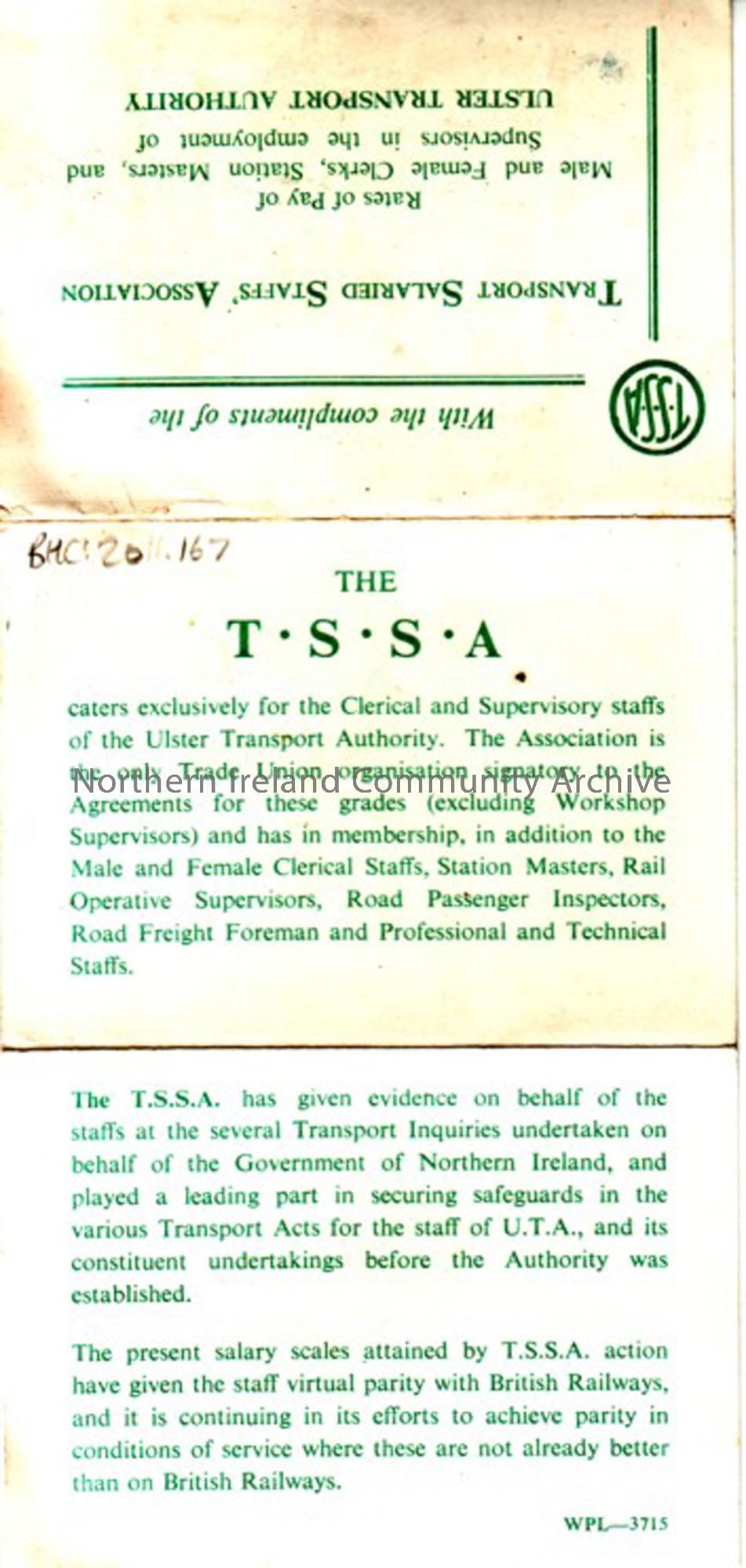 Transport salaried staffs’ association, rates of pay of male and female clerks, station masters and supervisors in the employment of Ulster Transport …